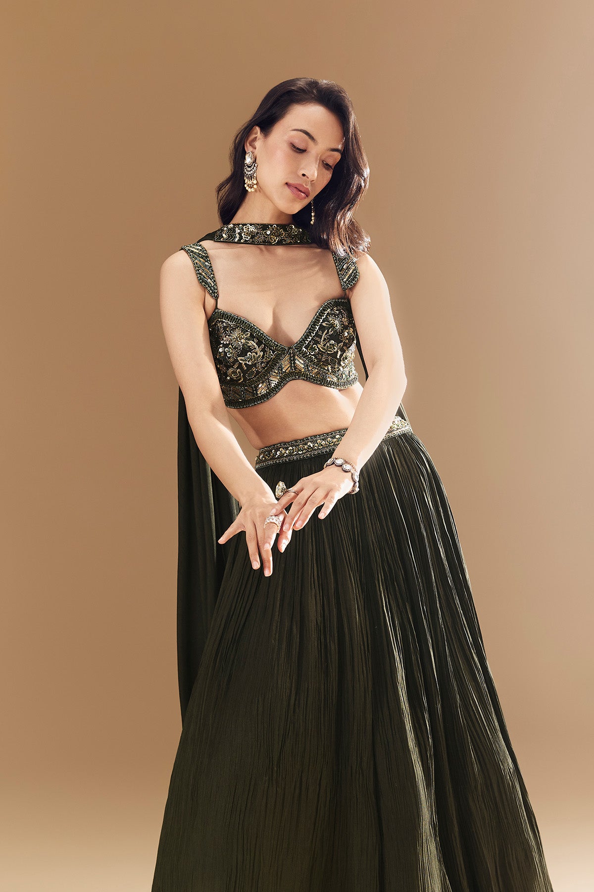 Green Ruched Bridesmaid Lehega with Choker Dupatta