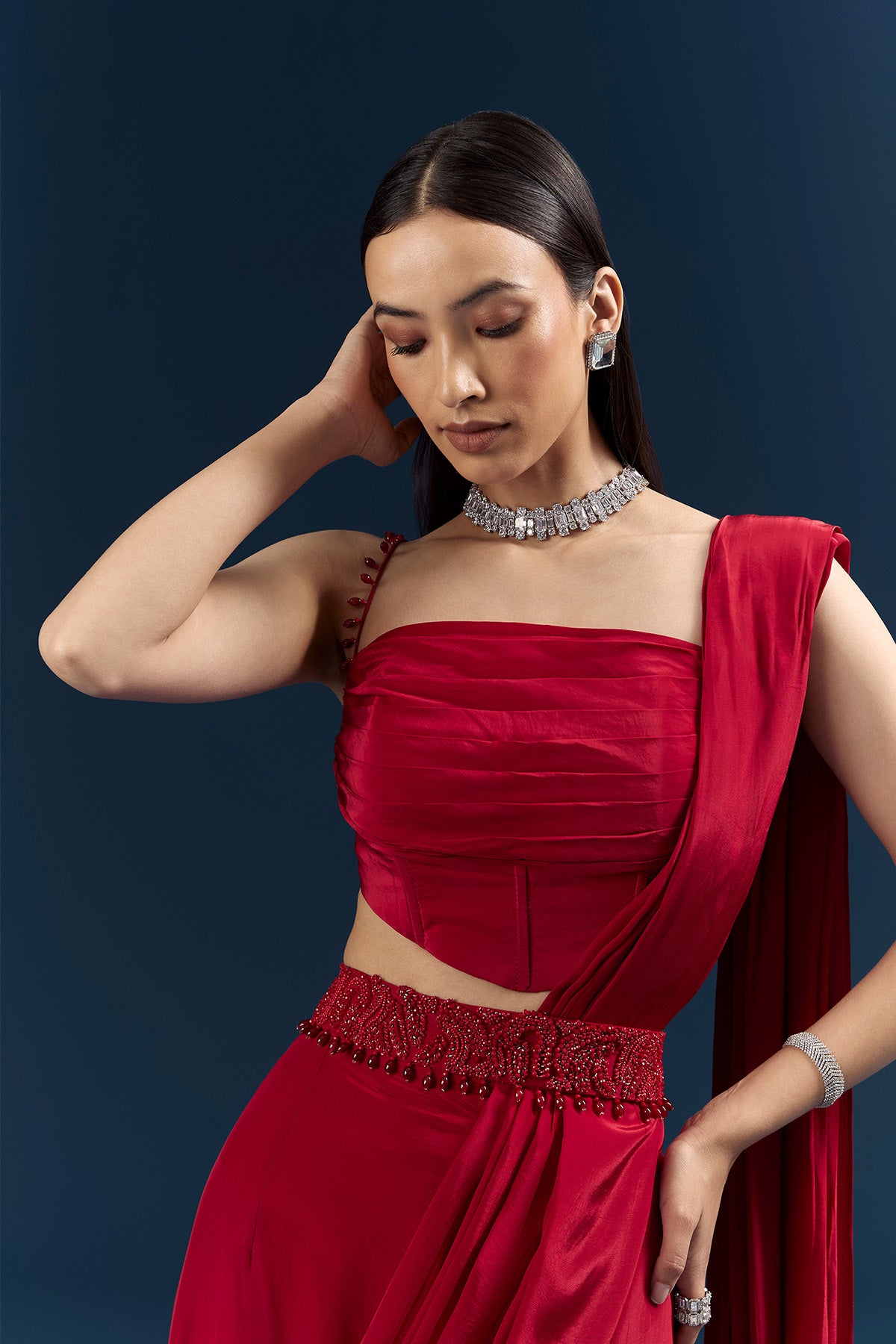 Red Crepe Ready Pleated Saree With Heavy Embroidery