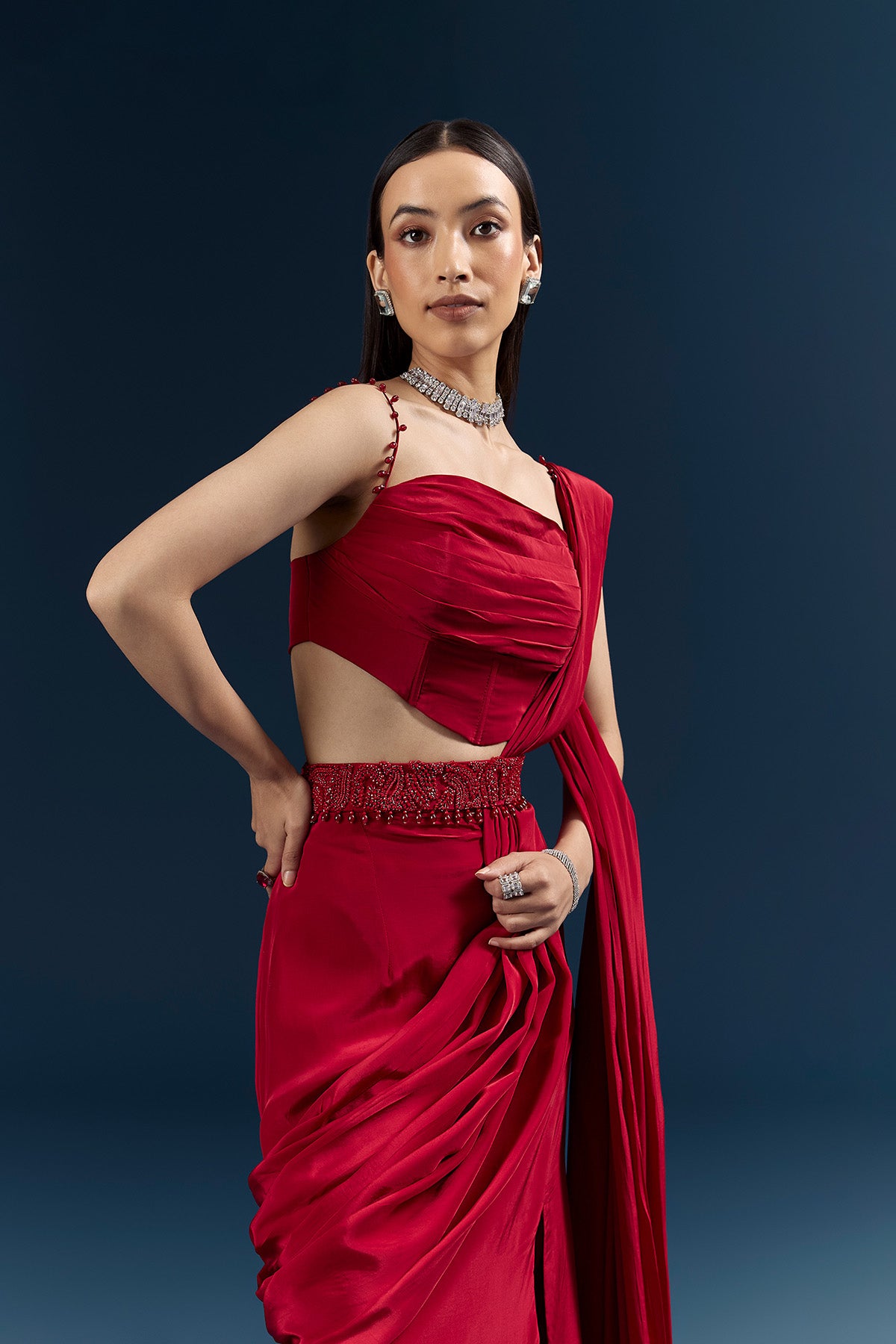 Red Crepe Ready Pleated Saree With Heavy Embroidery