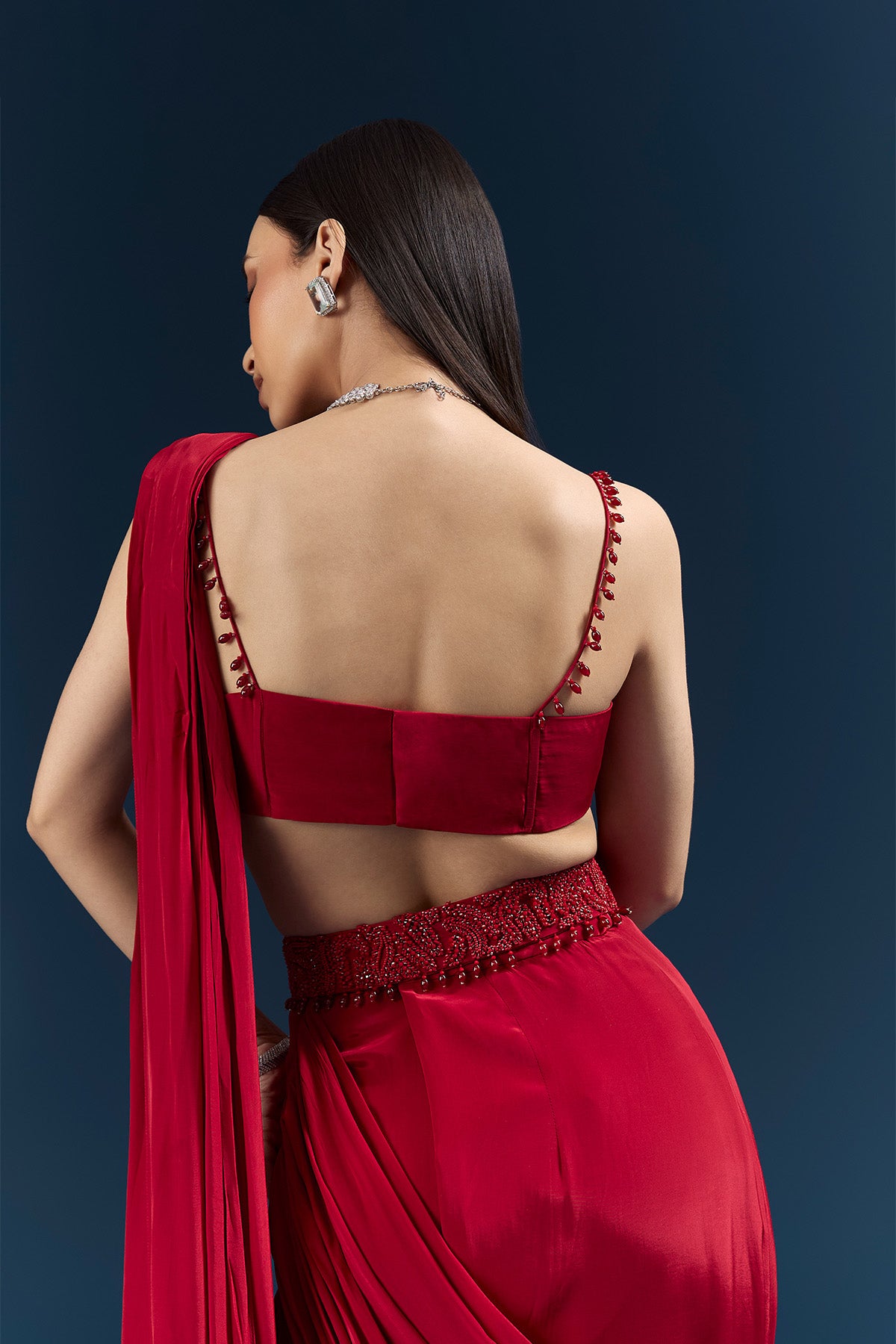 Red Crepe Ready Pleated Saree With Heavy Embroidery