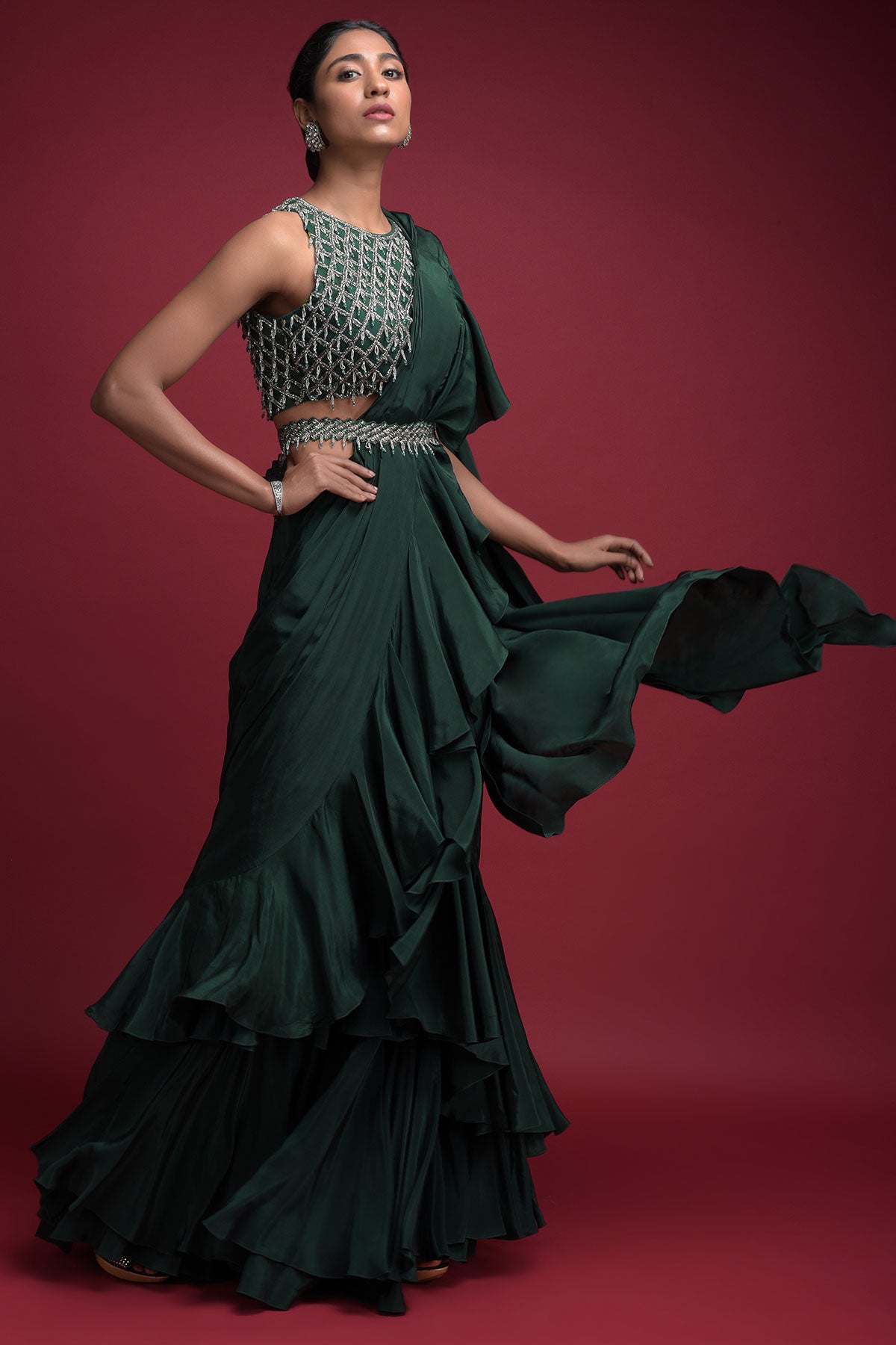 Emerald Green Saree In Crepe With Ruffled Pallu And Layered Ruffles On The Pleats