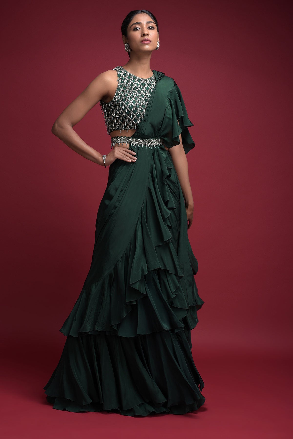 Emerald Green Saree In Crepe With Ruffled Pallu And Layered Ruffles On The Pleats