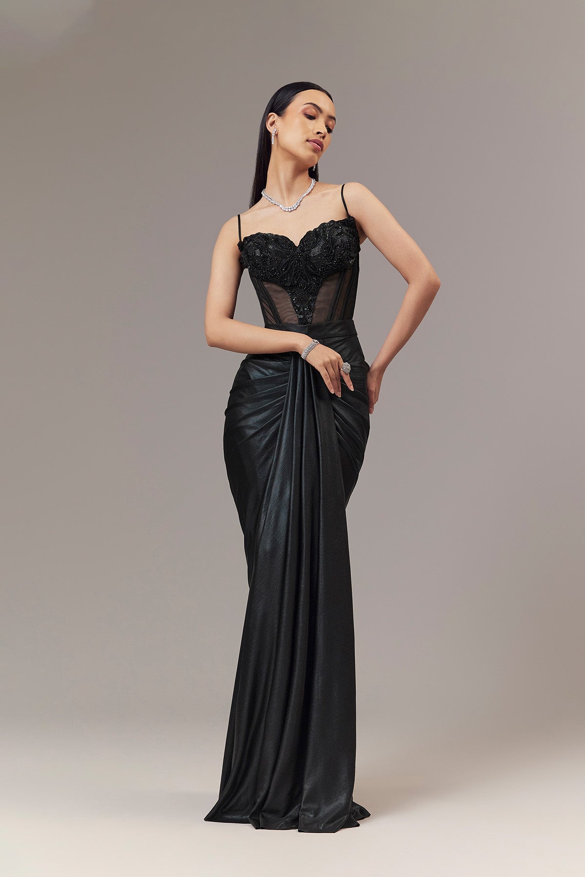Black Contemporary Sleeveless Corset And Drape Skirt With Embroidery And Cut Dana Detail Work