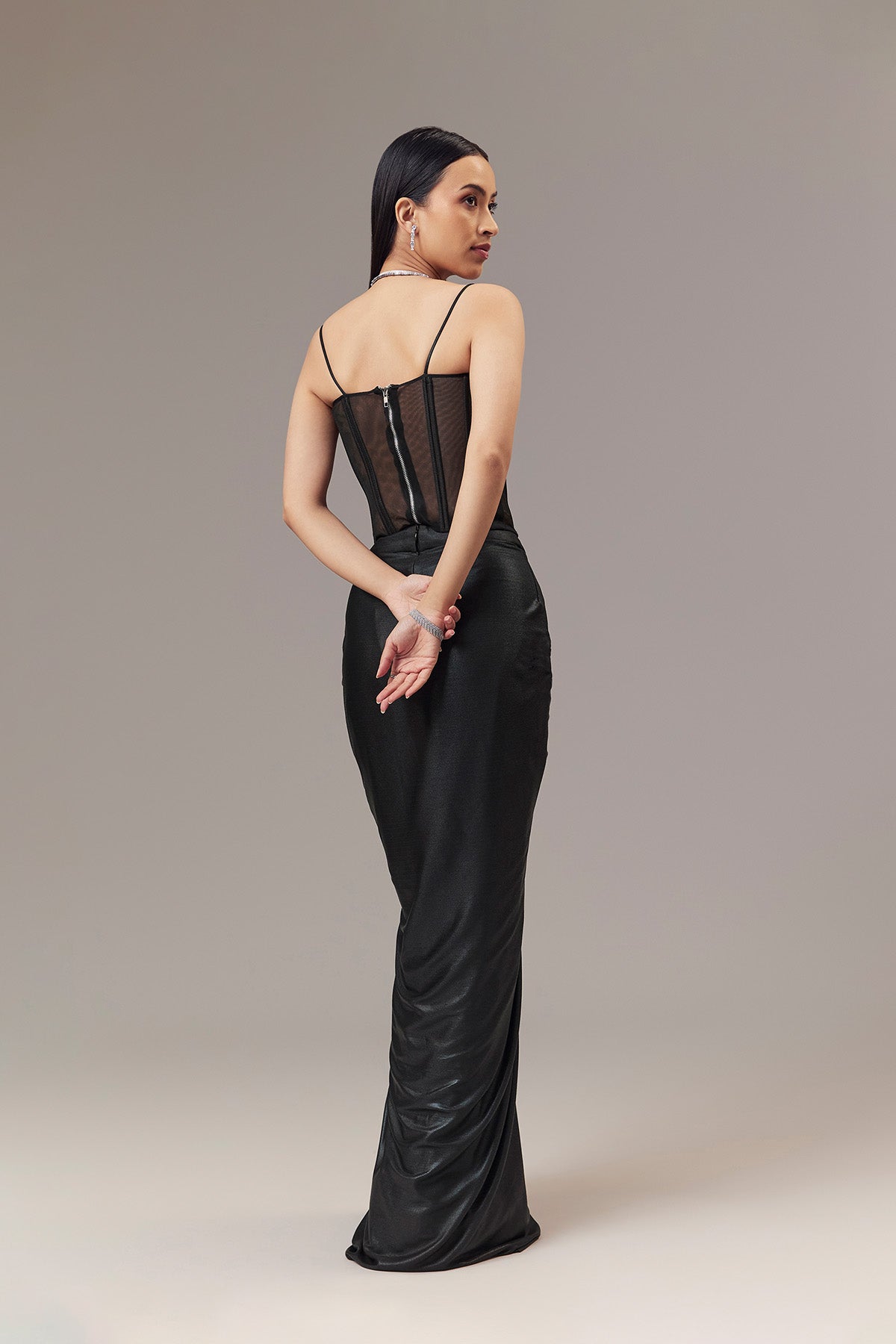 Black Contemporary Sleeveless Corset And Drape Skirt With Embroidery And Cut Dana Detail Work