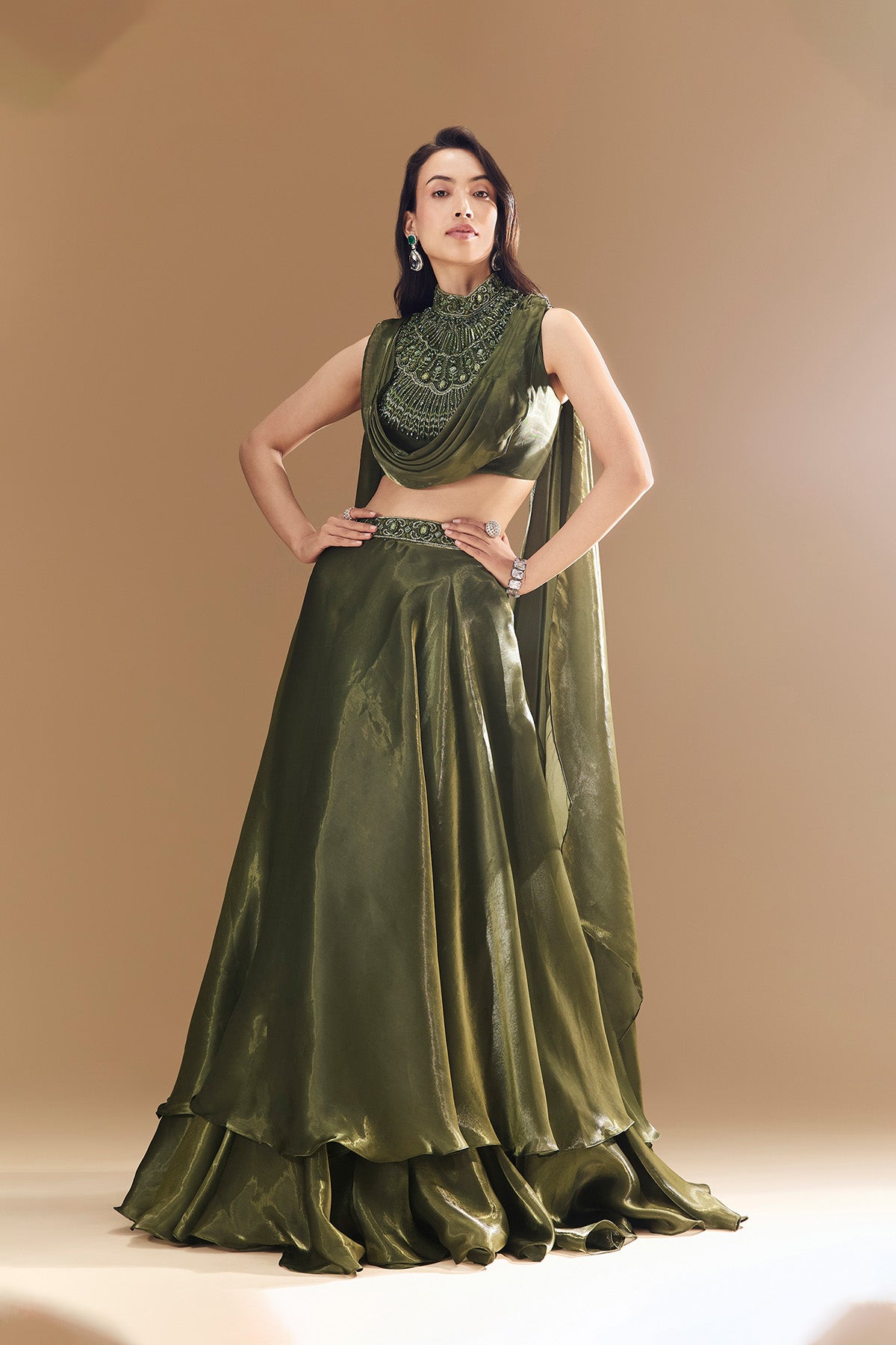 Green Bridesmaid Organza Lehega with Cowl Blouse