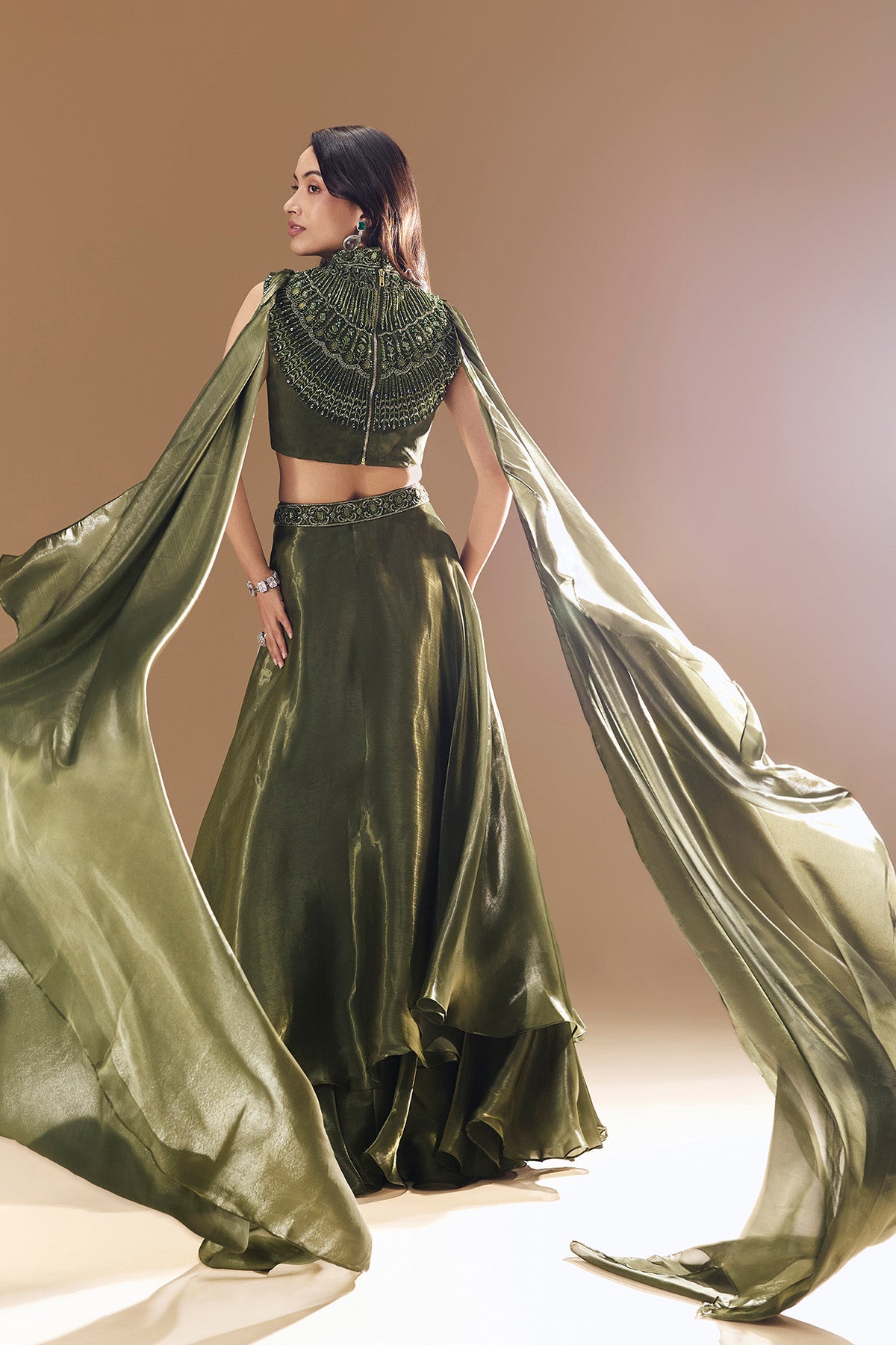 Green Bridesmaid Organza Lehega with Cowl Blouse