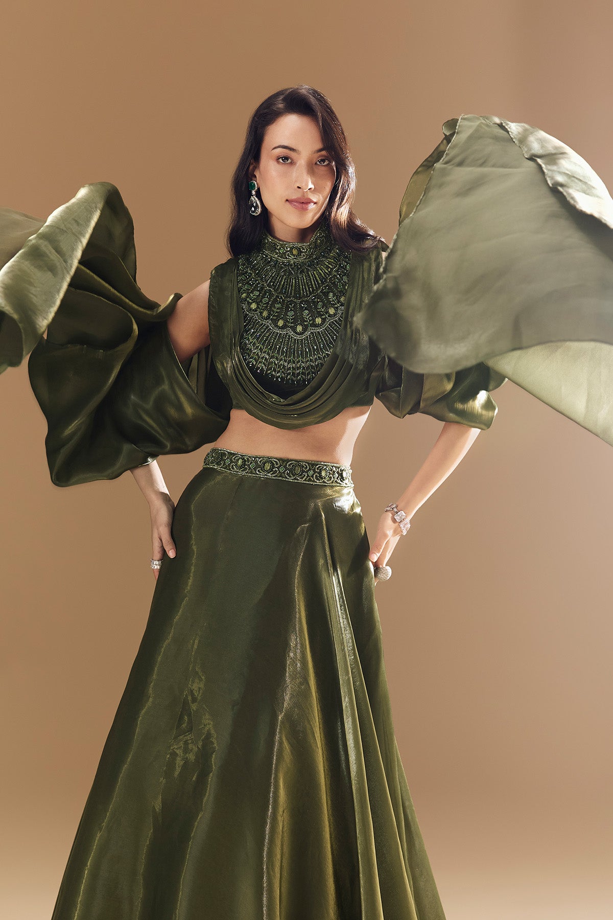 Green Bridesmaid Organza Lehega with Cowl Blouse