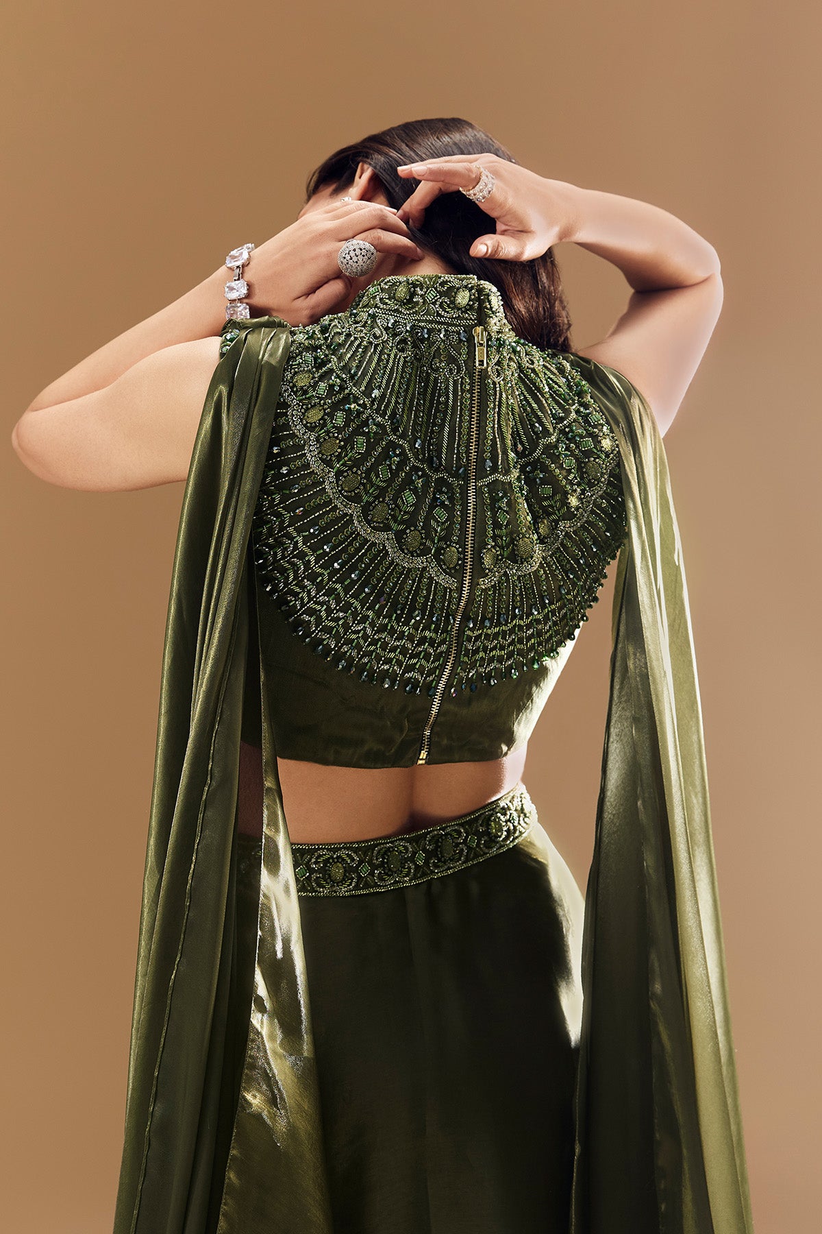 Green Bridesmaid Organza Lehega with Cowl Blouse