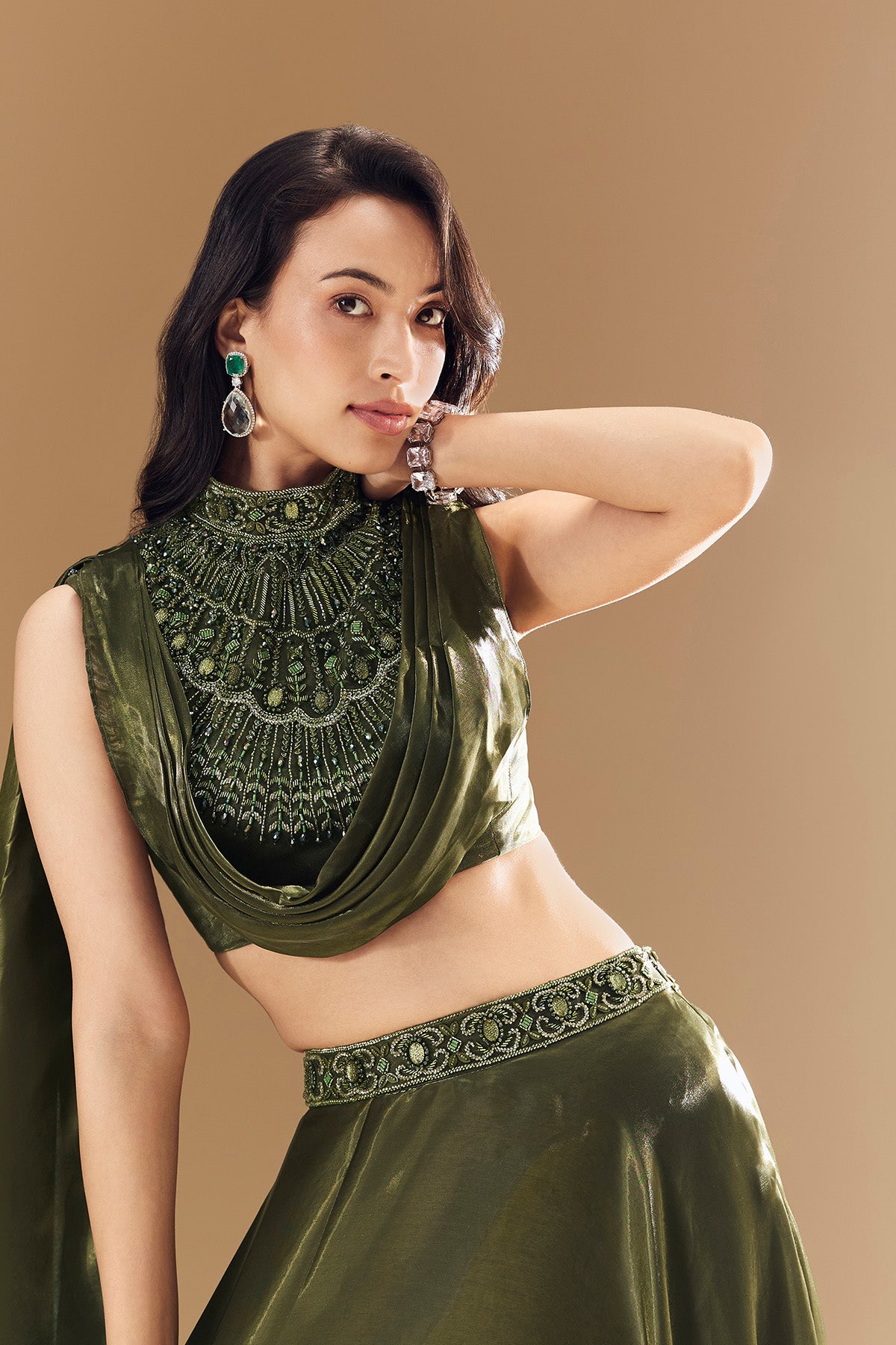 Green Bridesmaid Organza Lehega with Cowl Blouse