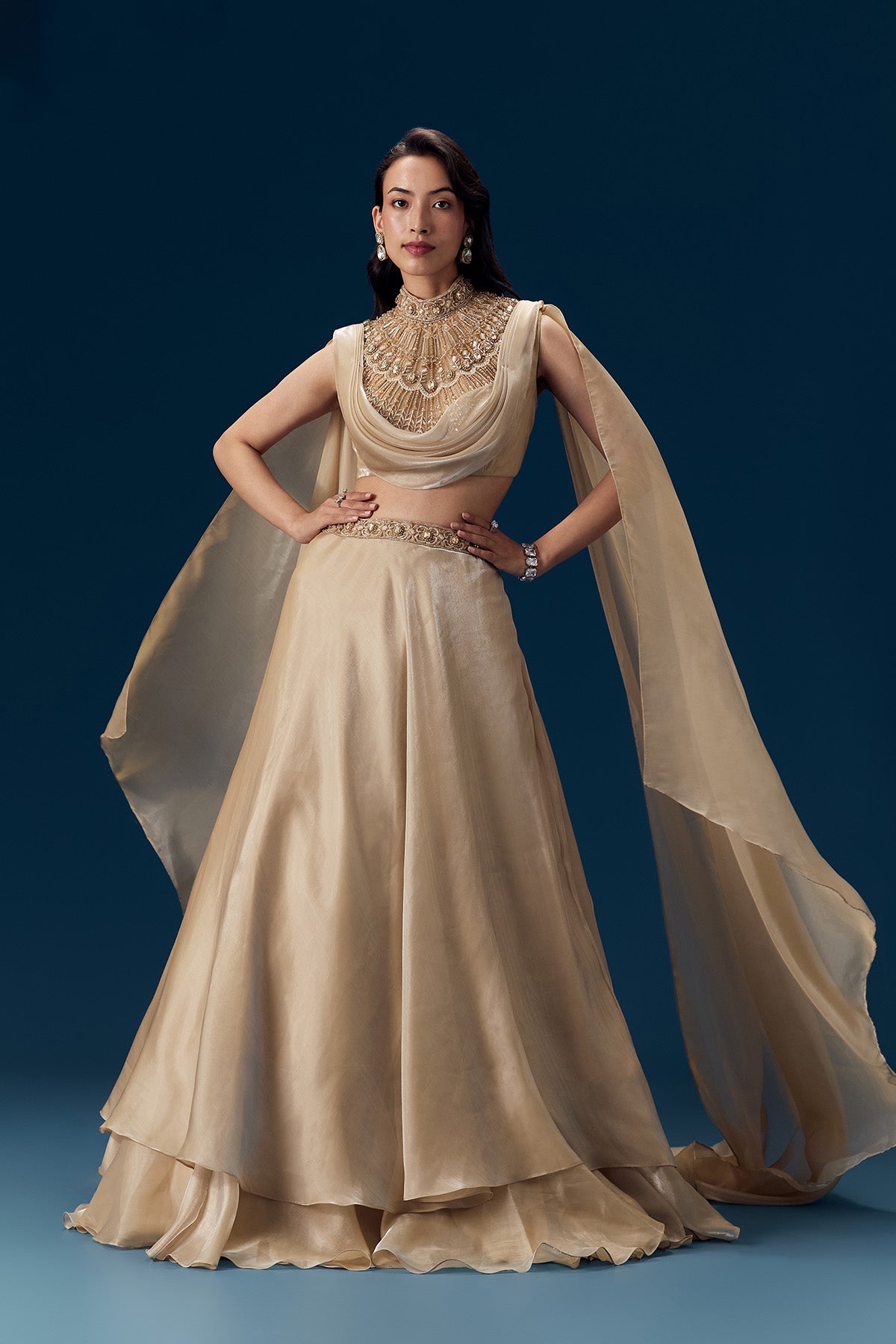 Peach Bridesmaid Organza Lehega with Cape