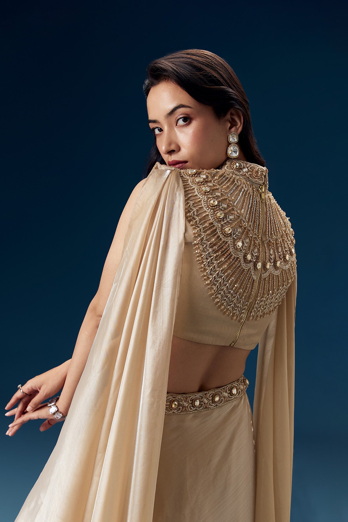 Peach Bridesmaid Organza Lehega with Cape