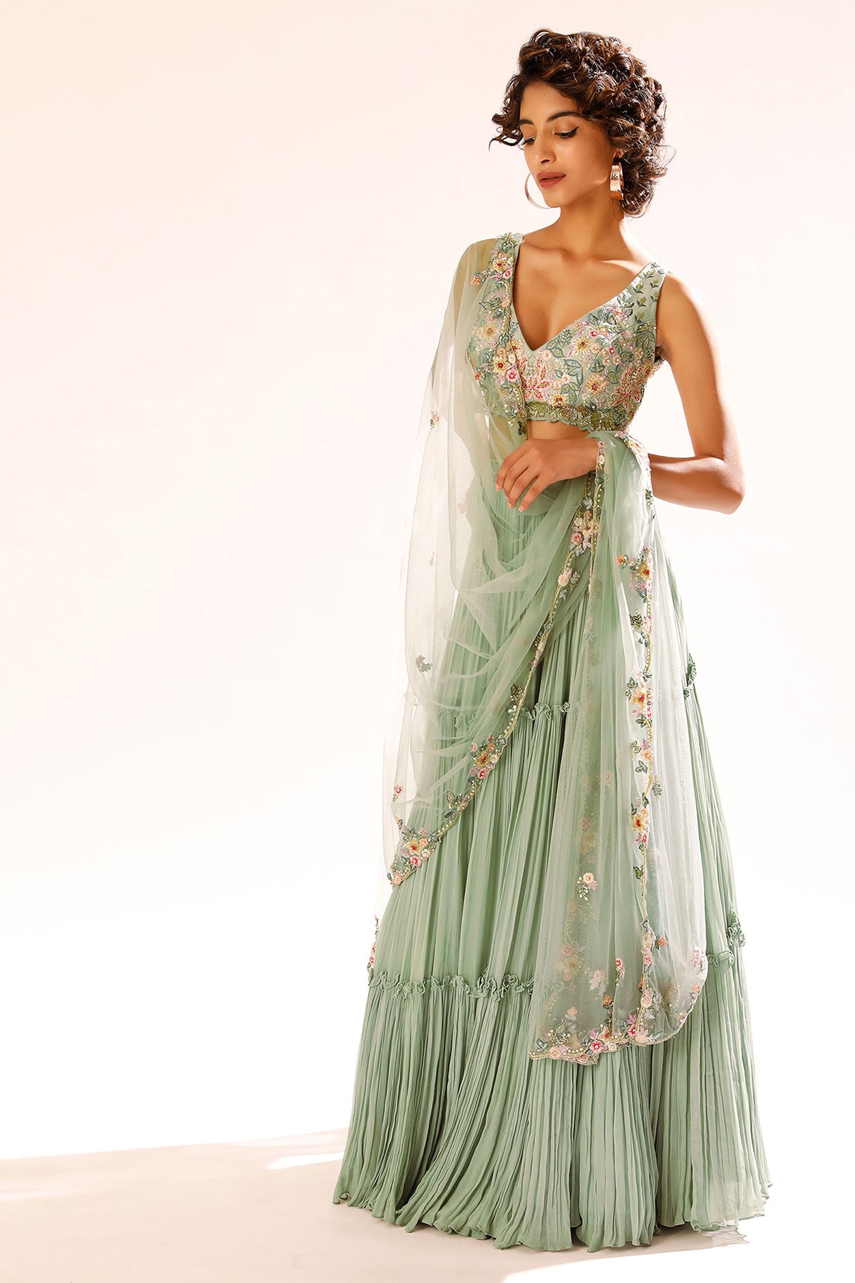 Lily Green Tiered Lehenga With Colorful Resham And Moti Embroidery In Floral Motifs