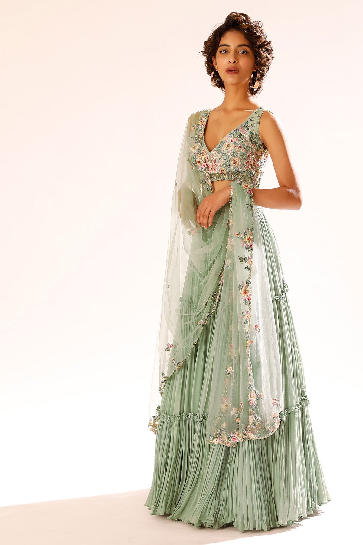 Lily Green Tiered Lehenga With Colorful Resham And Moti Embroidery In Floral Motifs