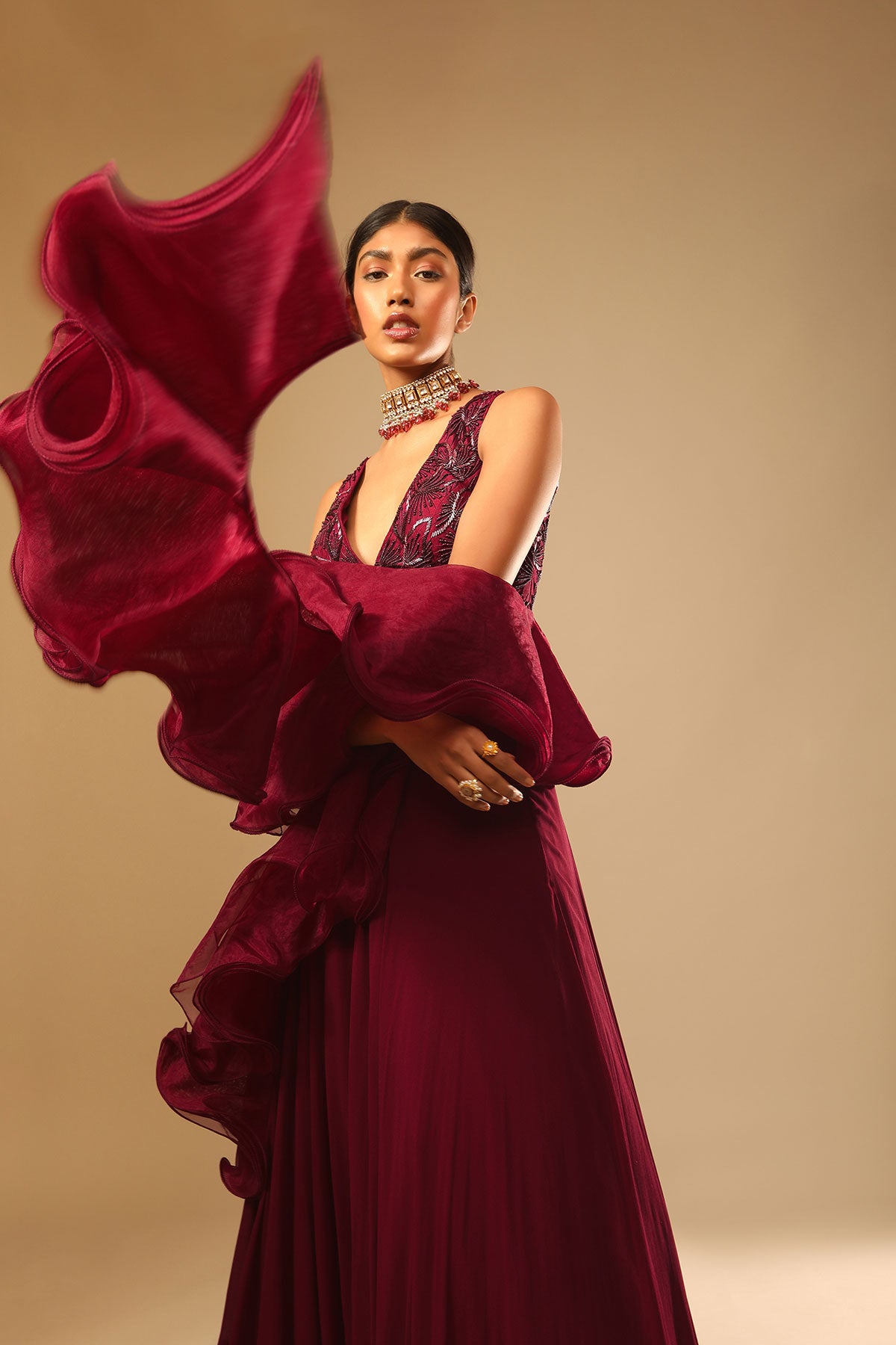 Maroon Lehenga And Crop Top With Hand Embroidered Leaf Motifs And A Ruffle Dupatta