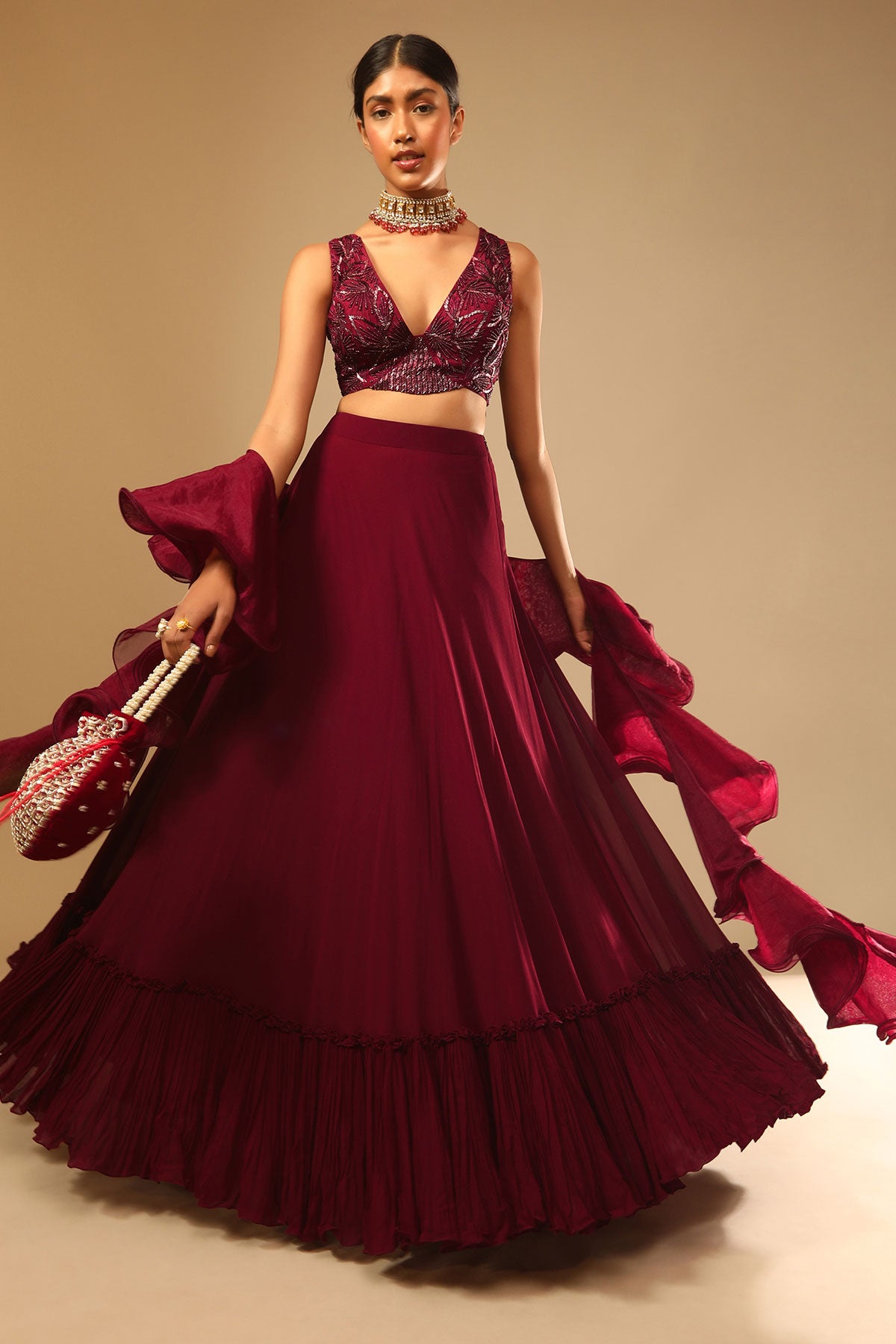 Maroon Lehenga And Crop Top With Hand Embroidered Leaf Motifs And A Ruffle Dupatta