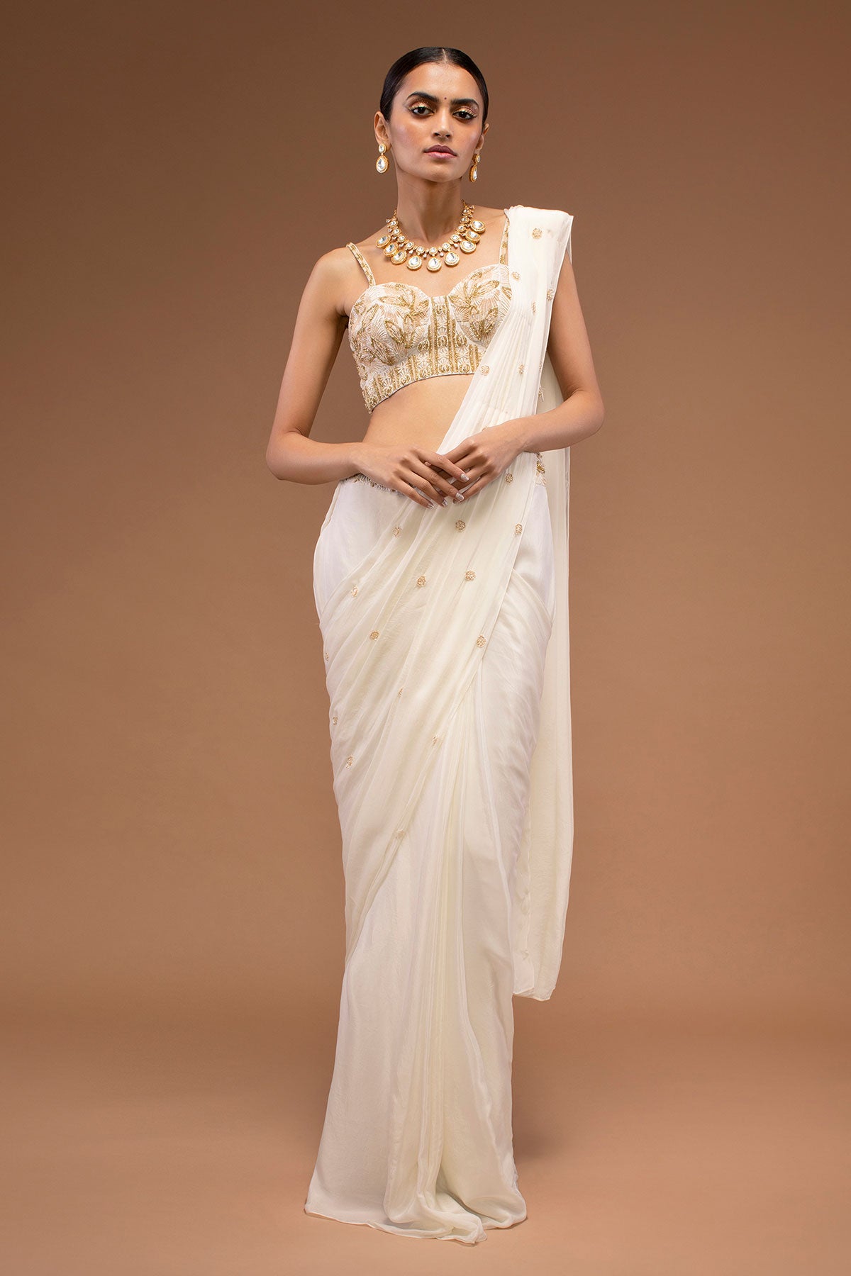 Cotton White Ready To Wear Saree With A Crop Top Set In Cut Dana Embroidery, Paired With The Spaghetti Straps With A Corset Neckline