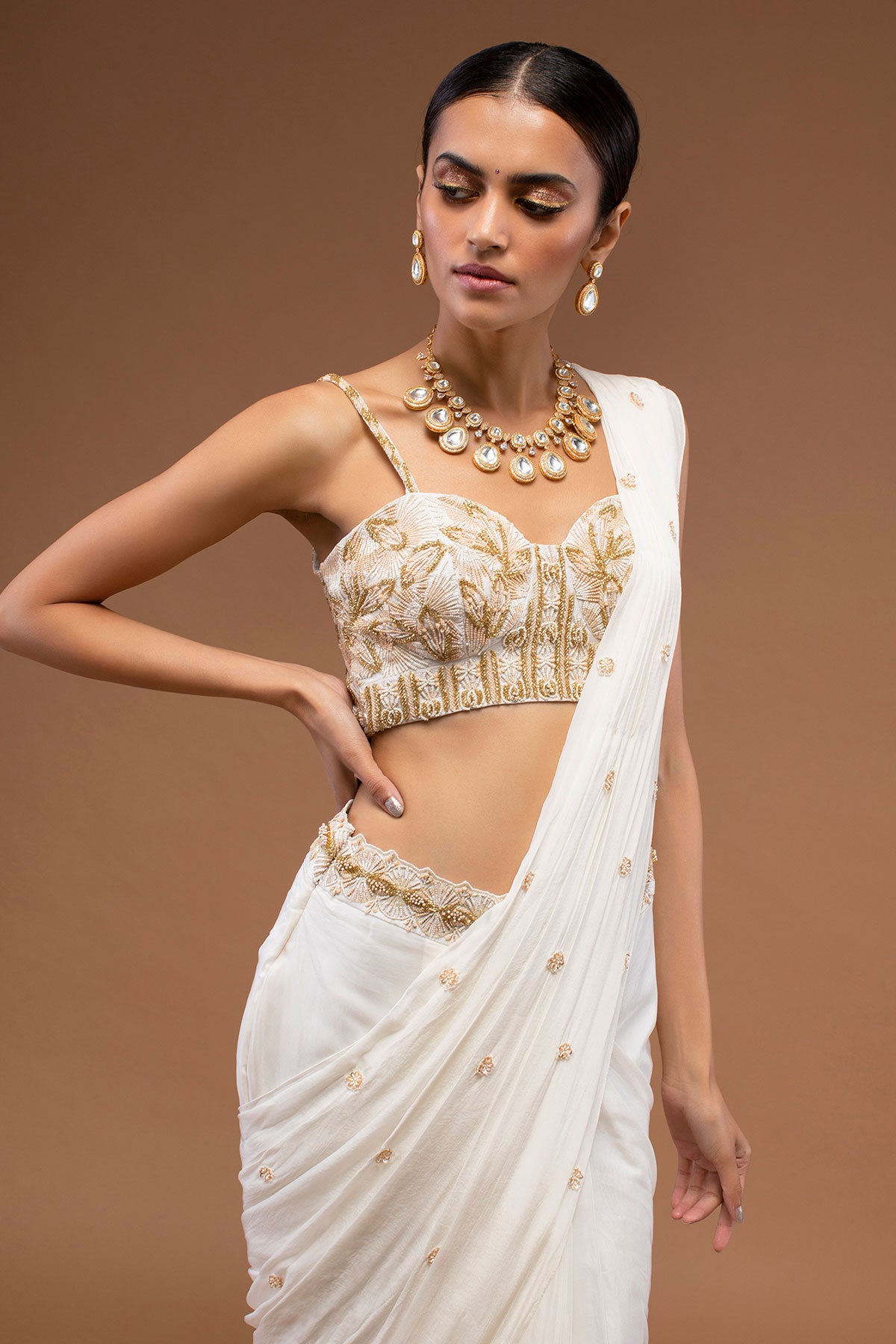 Cotton White Ready To Wear Saree With A Crop Top Set In Cut Dana Embroidery, Paired With The Spaghetti Straps With A Corset Neckline