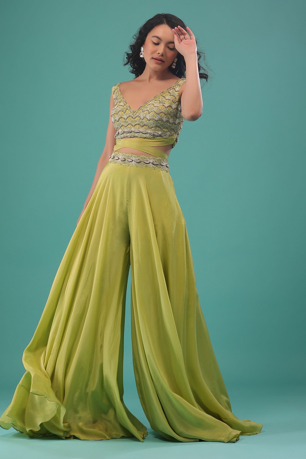 Citrus Green Flared Palazzo And A Crop Top Set, Crafted In Crepe With A Side Zip Closure
