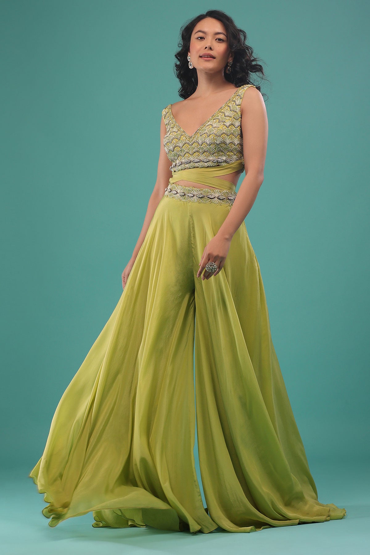 Citrus Green Flared Palazzo And A Crop Top Set, Crafted In Crepe With A Side Zip Closure