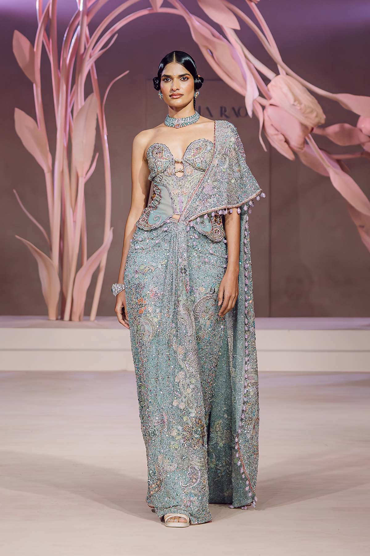 Cosette - blue sequin tulle draped saree