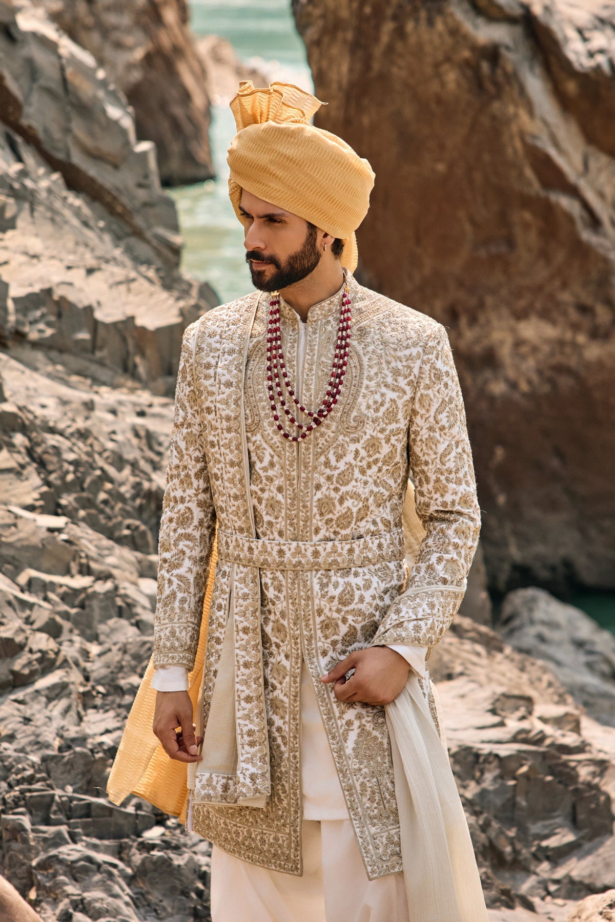 Ivory-Gold Worked Sherwani Set