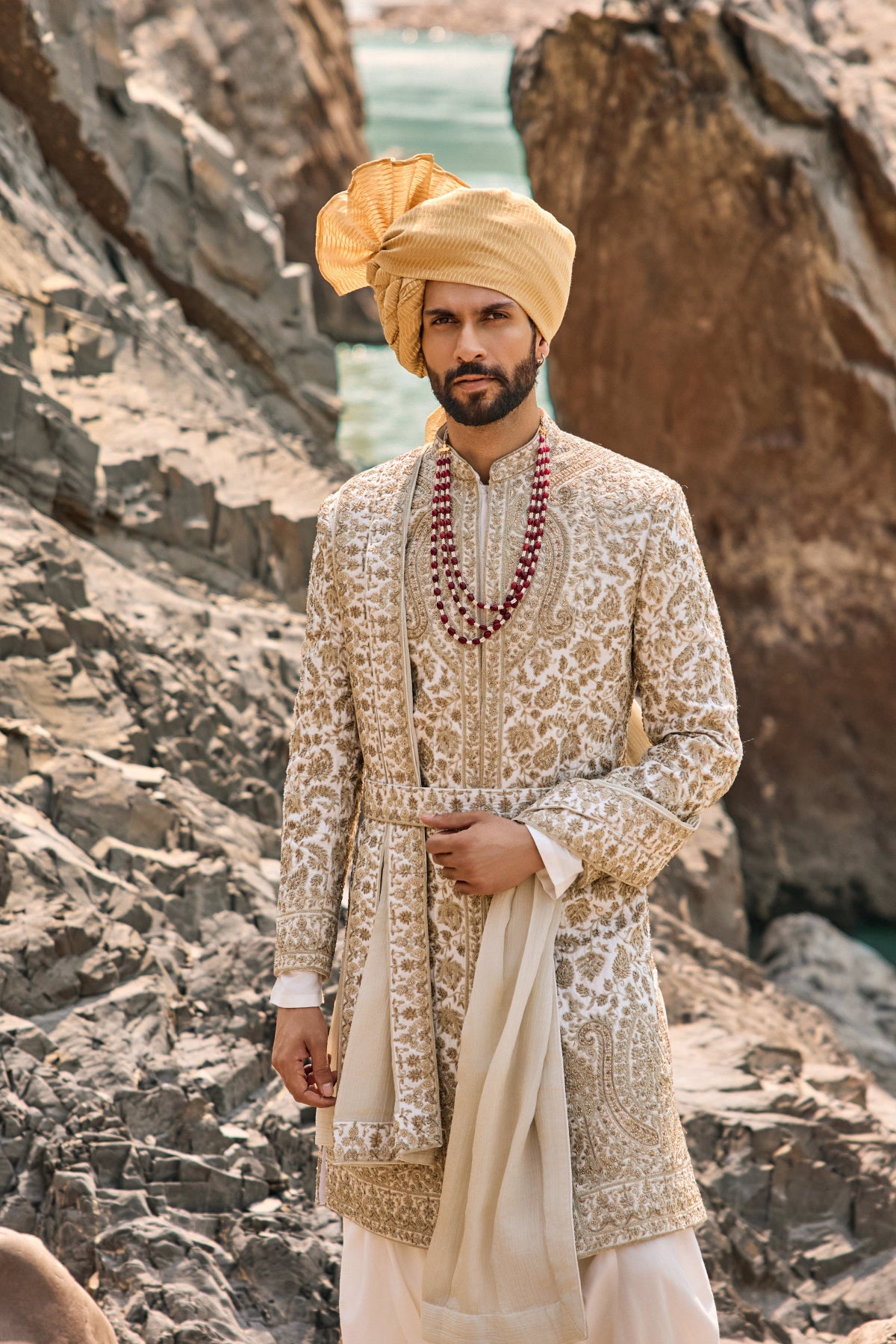 Ivory-Gold Worked Sherwani Set