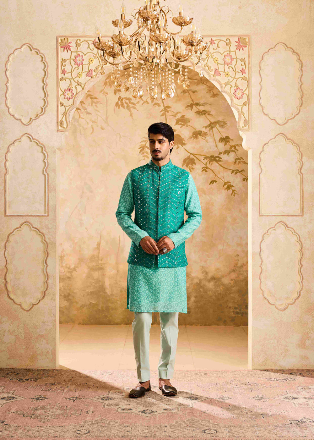 Teal mirrorwork Bundi jacket Kurta Trouser