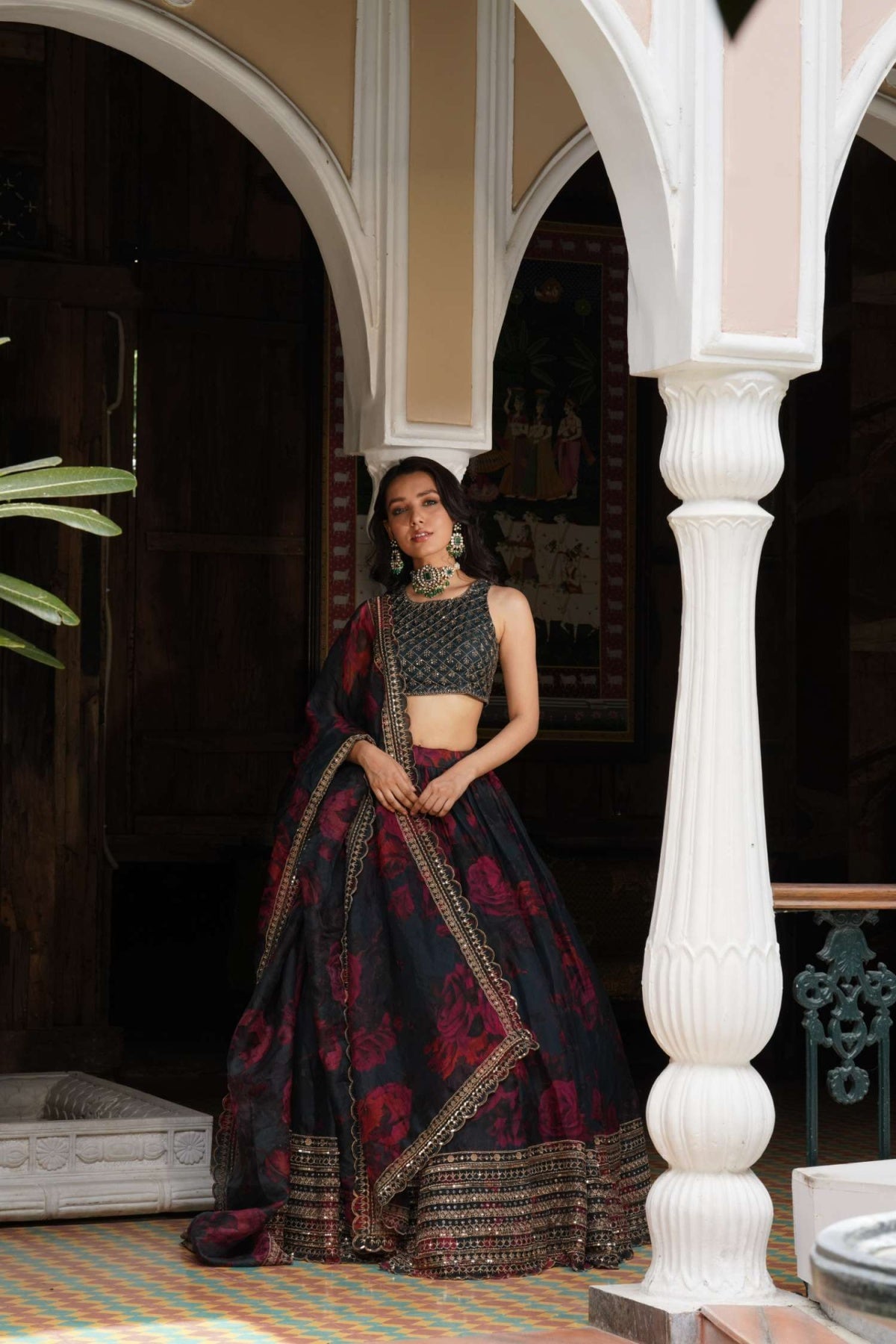 Teal Blue Floral Lehenga Set- Ready To Ship