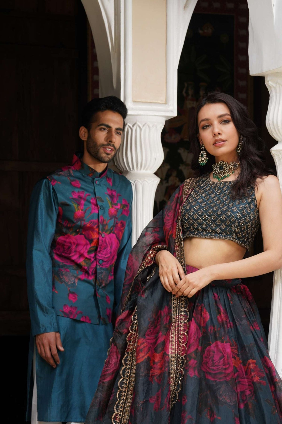 Teal Blue Floral Lehenga Set- Ready To Ship