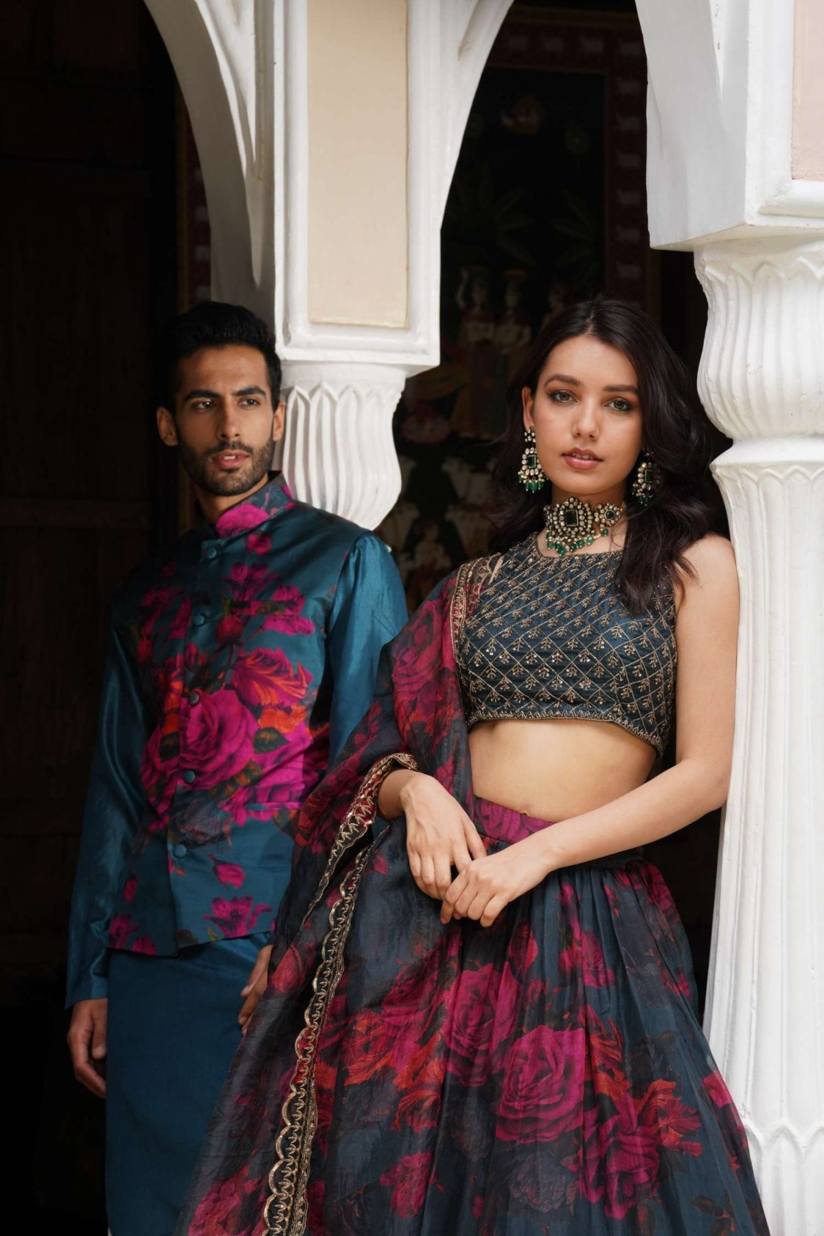 Teal Blue Floral Lehenga Set- Ready To Ship