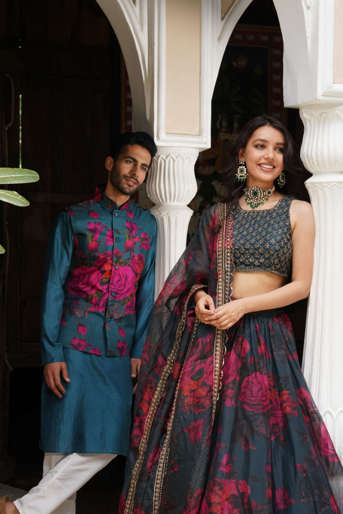 Teal Blue Floral Lehenga Set- Ready To Ship