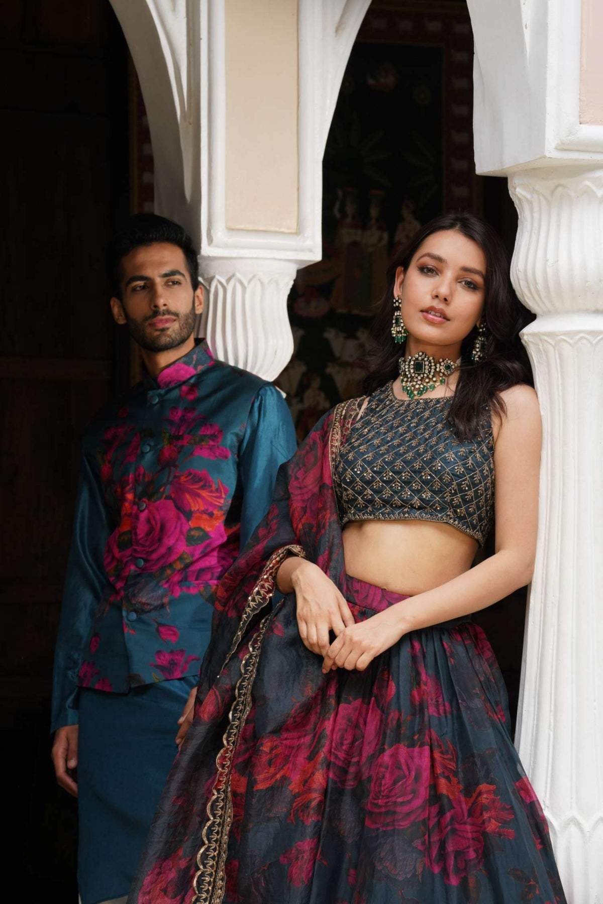 Teal Blue Floral Lehenga Set- Ready To Ship