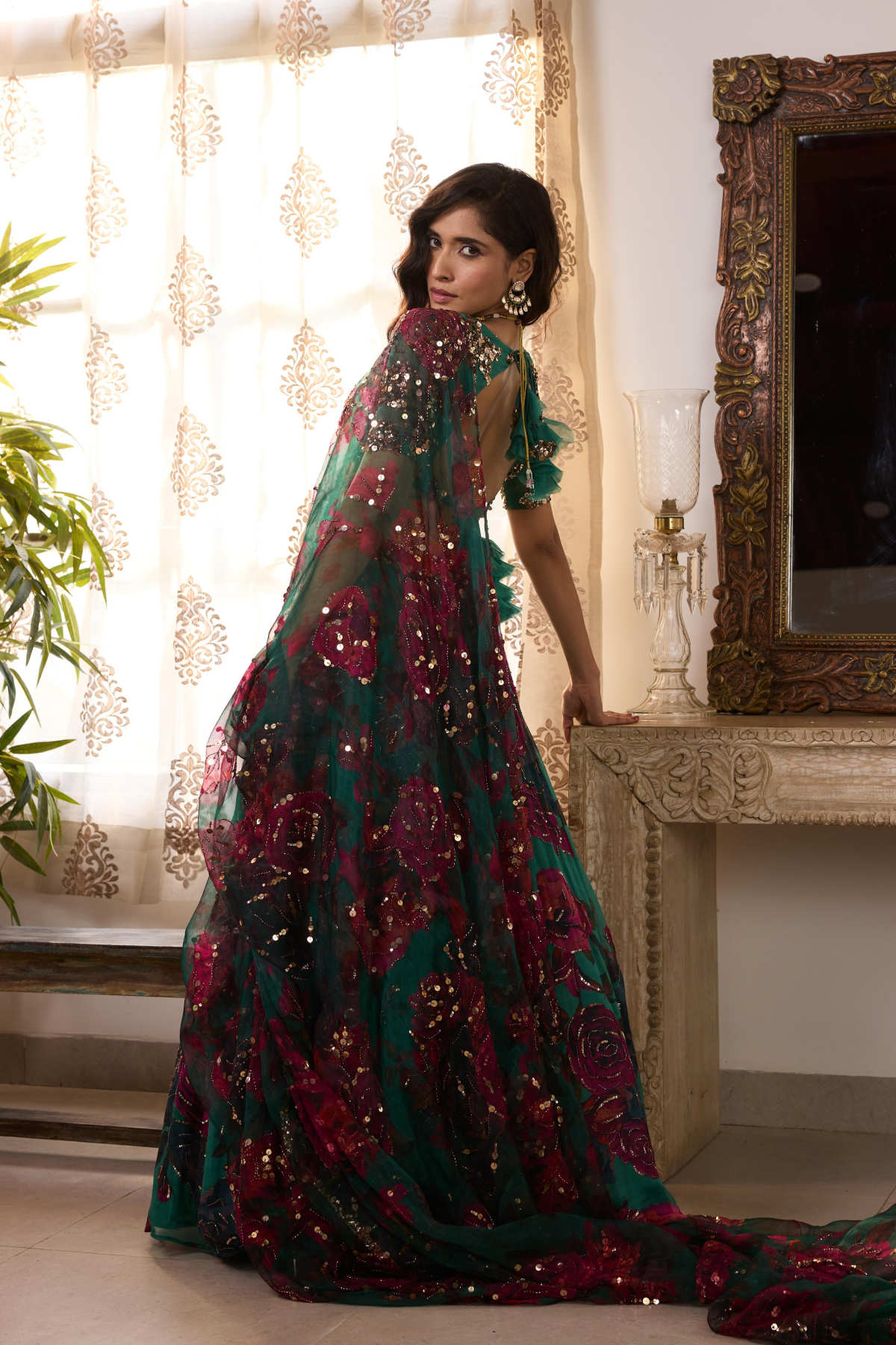 TEAL GREEN CHIFFON FLORAL LEHENGA