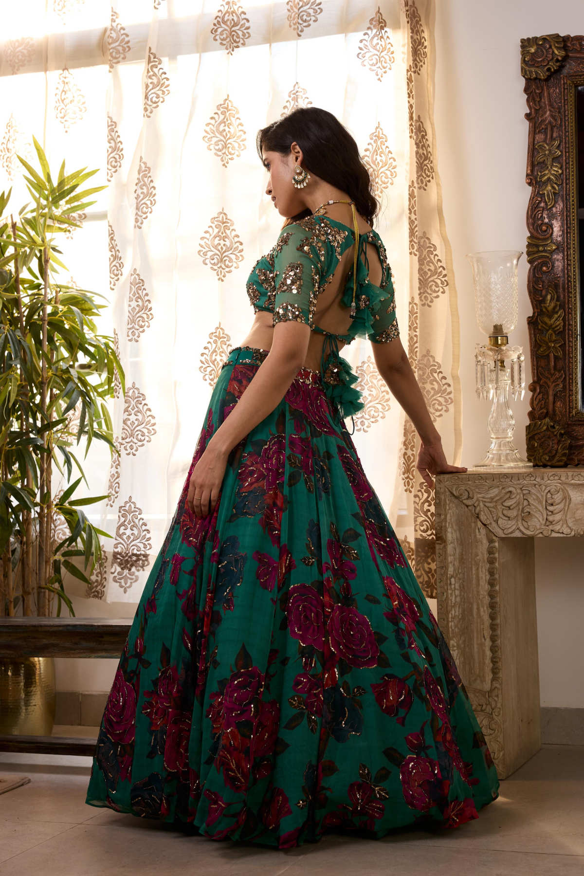 TEAL GREEN CHIFFON FLORAL LEHENGA