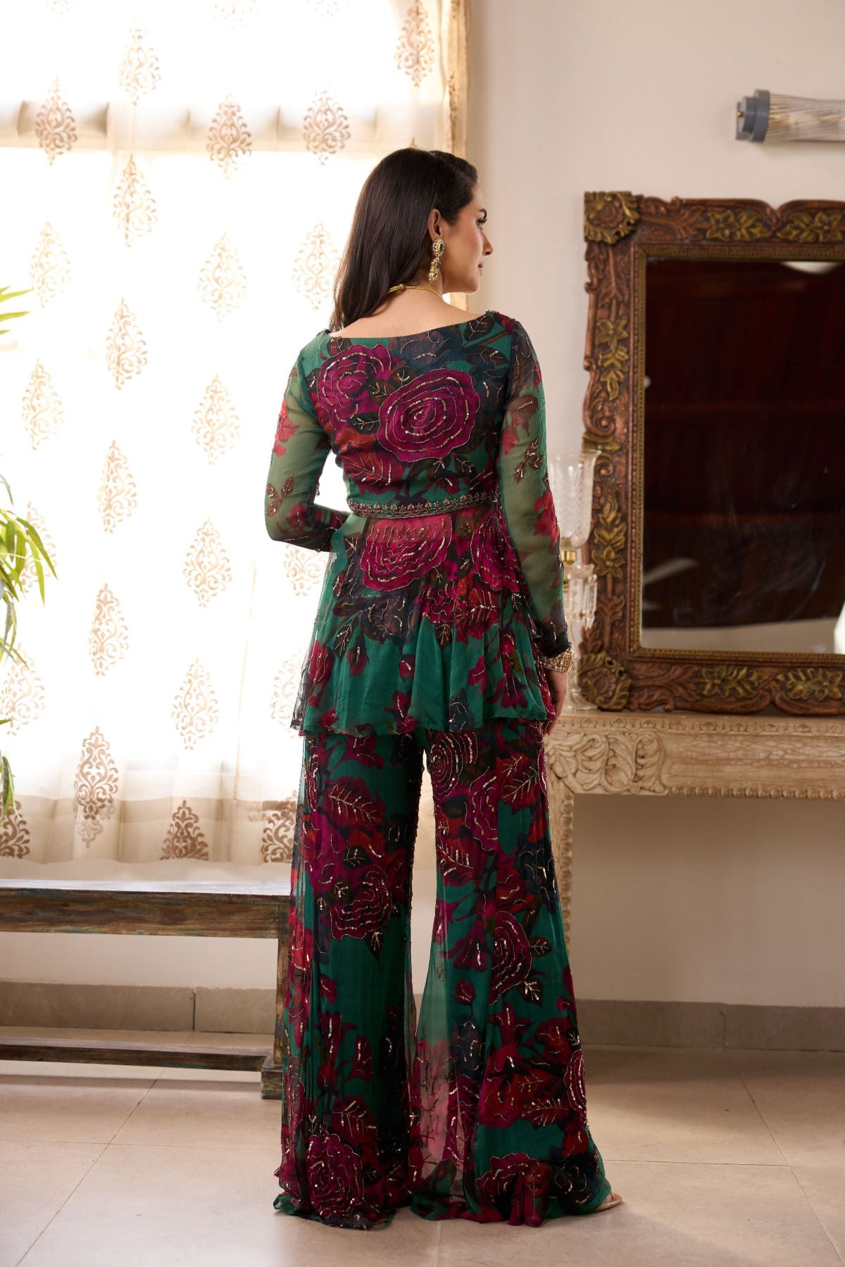 Teal Green Chiffon Floral Peplum and Pants