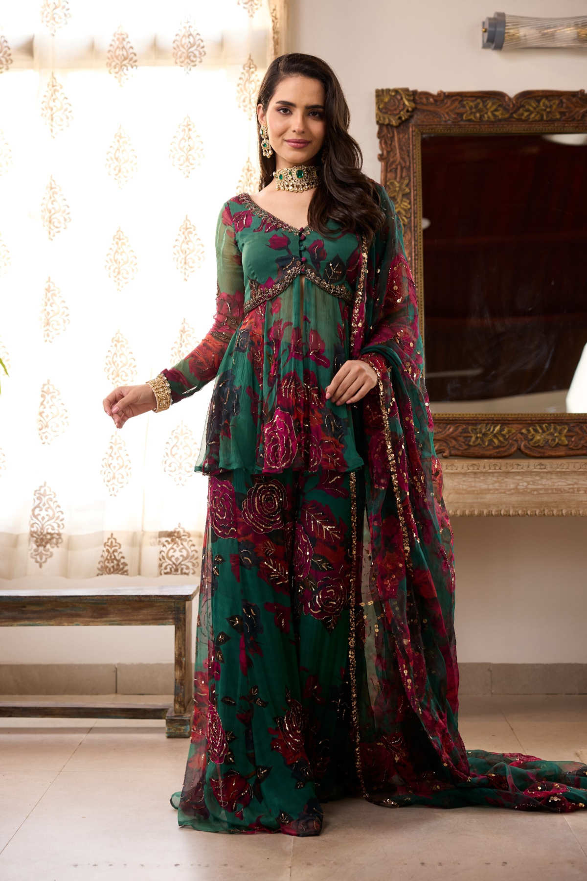 Teal Green Chiffon Floral Peplum and Pants