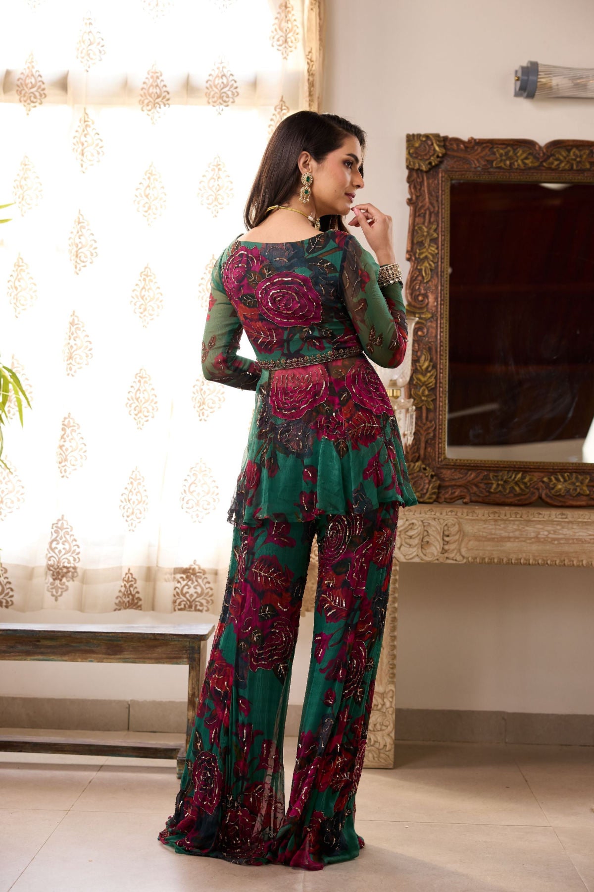 Teal Green Chiffon Floral Peplum and Pants