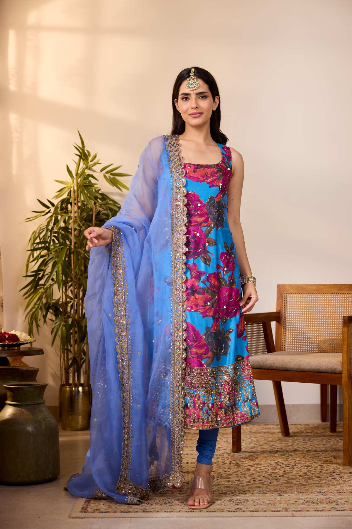 TURQUISE CHIFFON FLORAL  KURTI