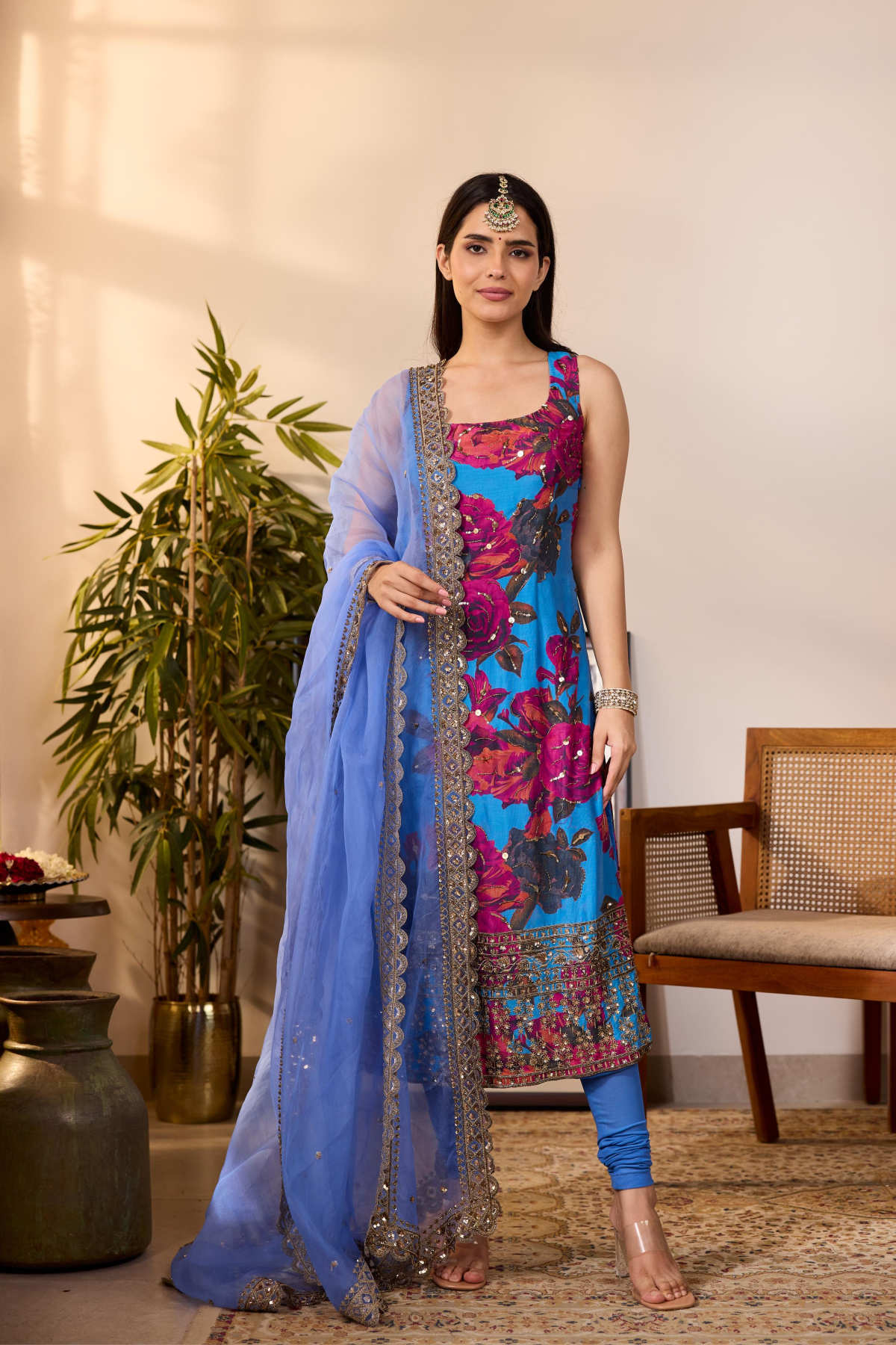 TURQUISE CHIFFON FLORAL  KURTI