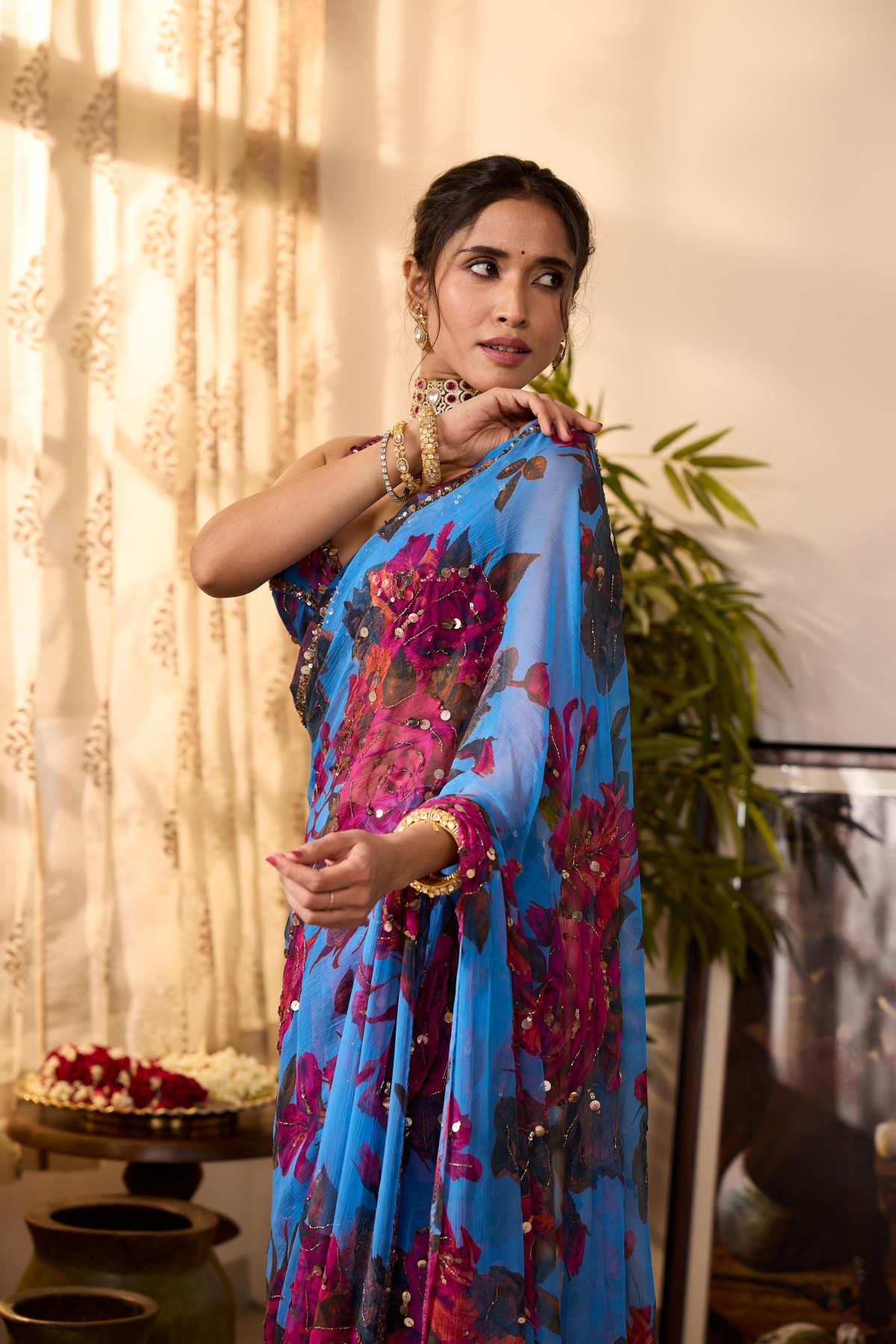 TURQUISE CHIFFON FLORAL  SAREE