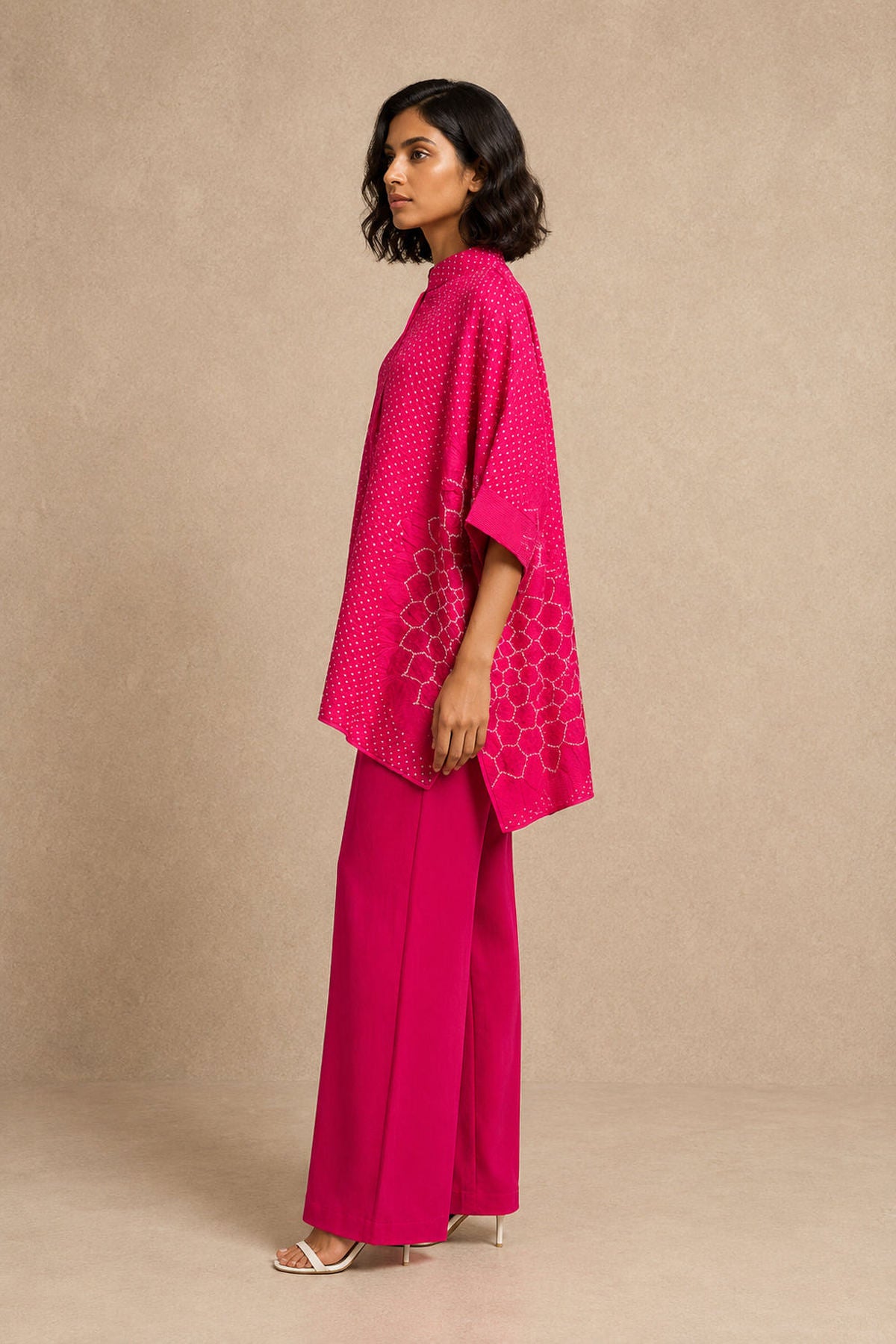 Silk Rai Bandhani Slit Neck Oversize Top