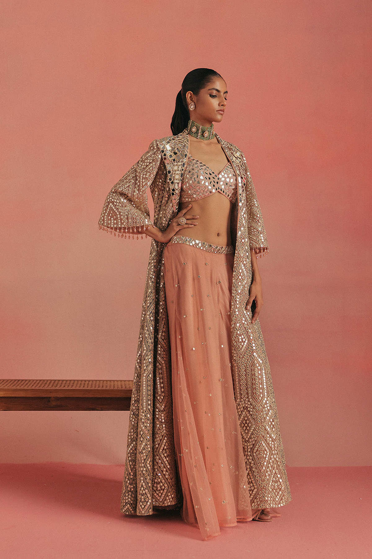 Mirrorwork Wing Collar Long Anarkali Jacket