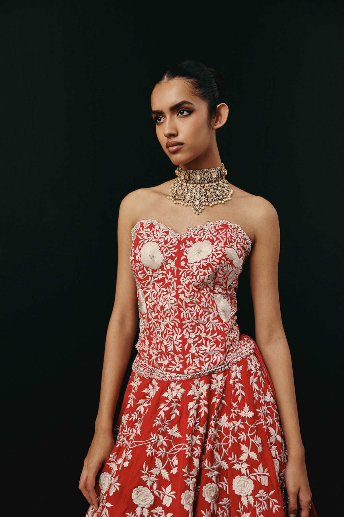 Red Parsi Gaara Lehenga with Corset Blouse  and Organza  Dupatta