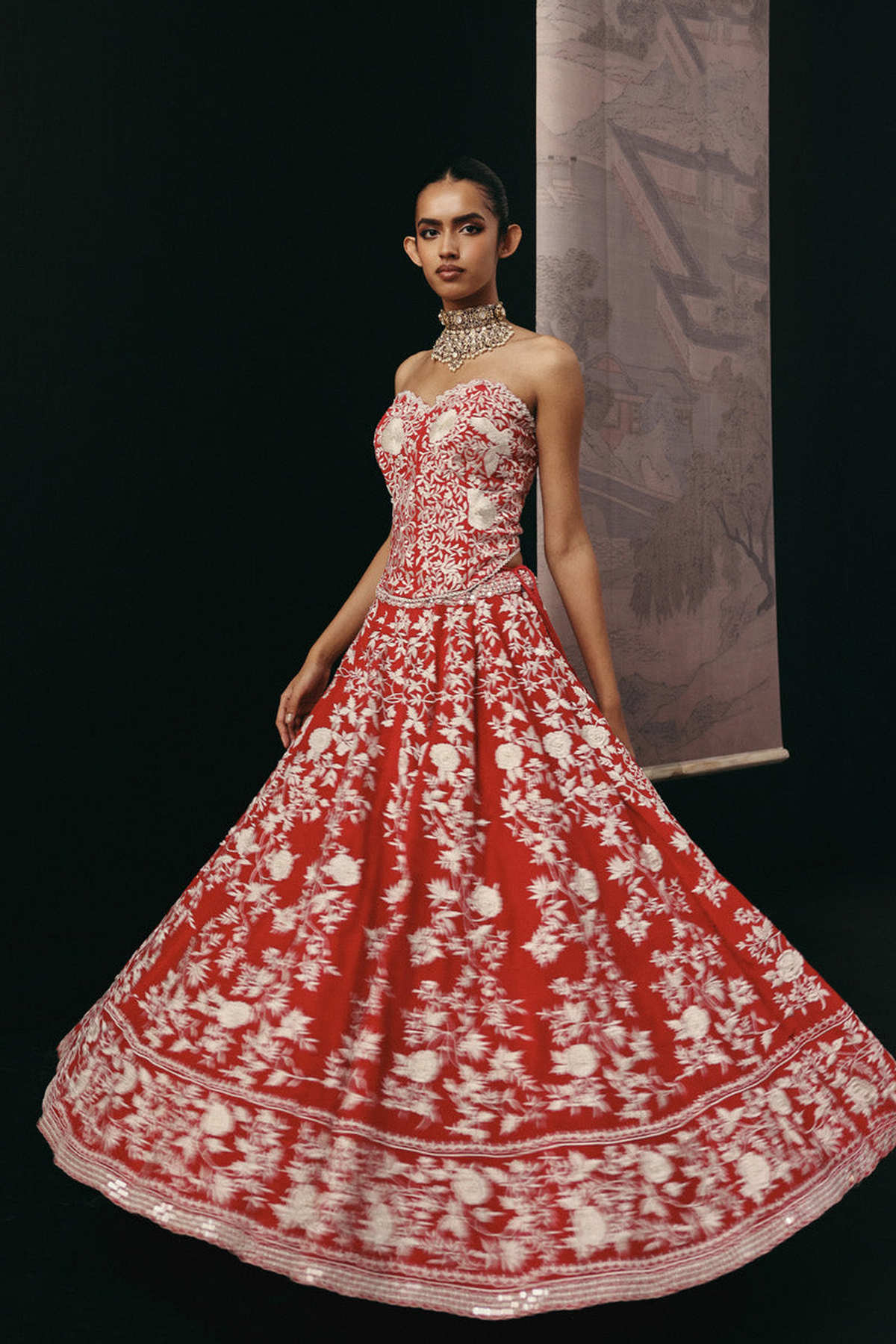 Red Parsi Gaara Lehenga with Corset Blouse  and Organza  Dupatta