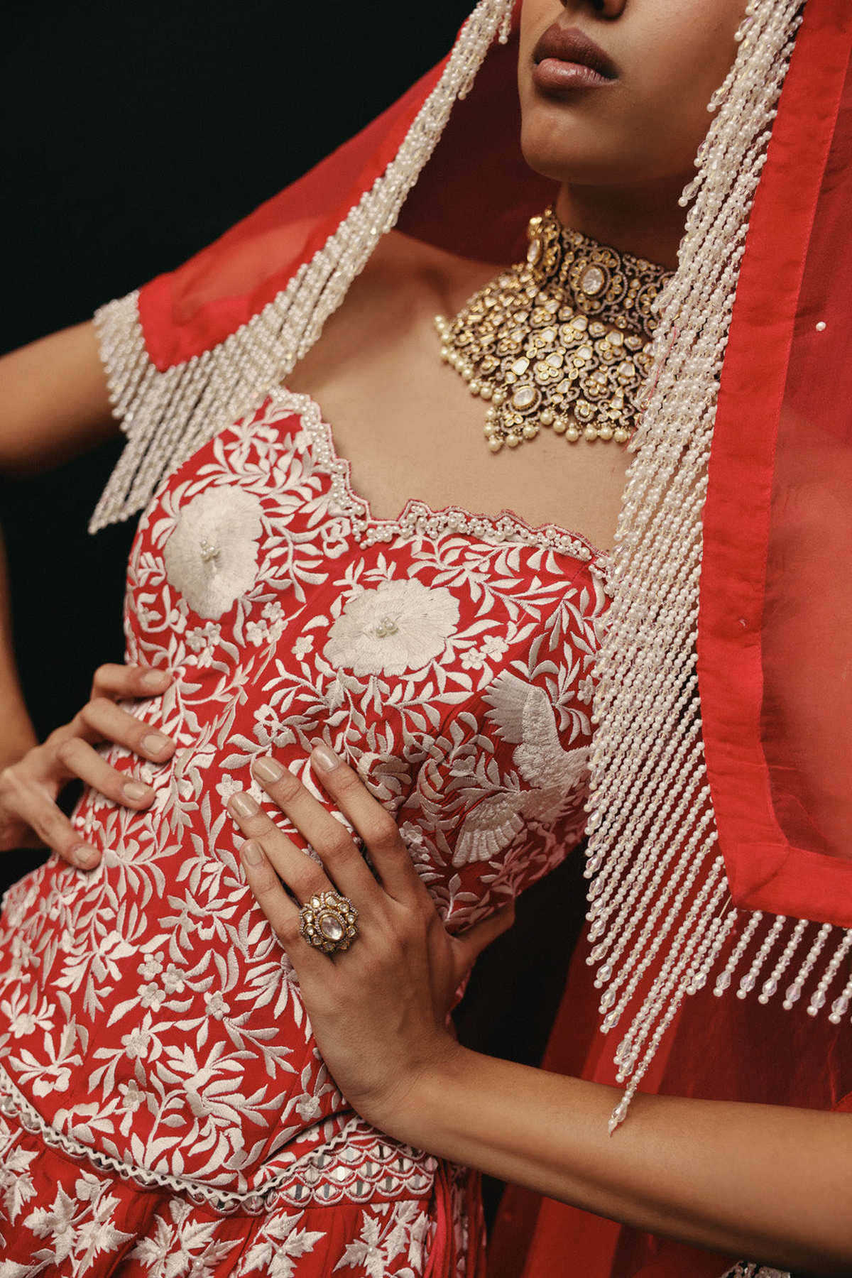 Red Parsi Gaara Lehenga with Corset Blouse  and Organza  Dupatta