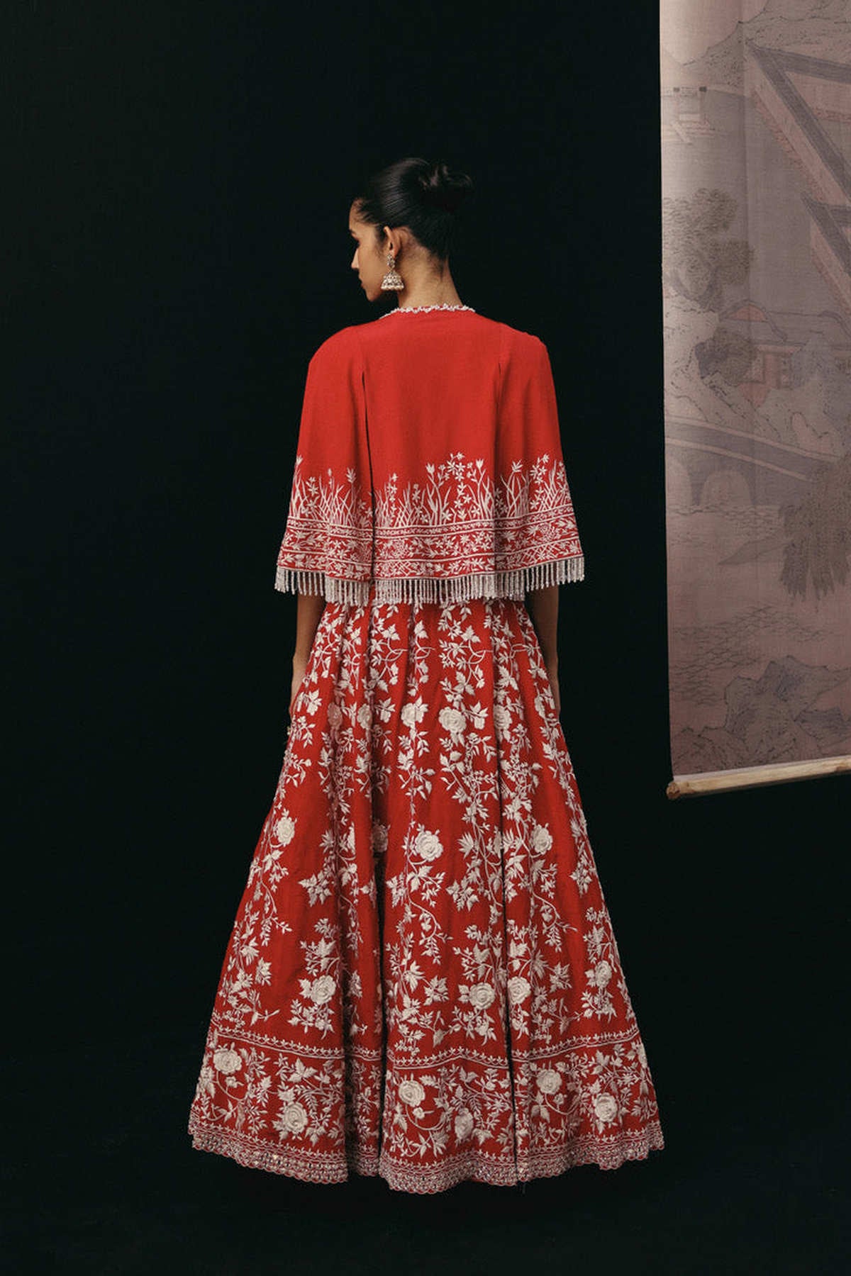 Red Parsi Gaara Lehenga with Cape Jacket and Corset