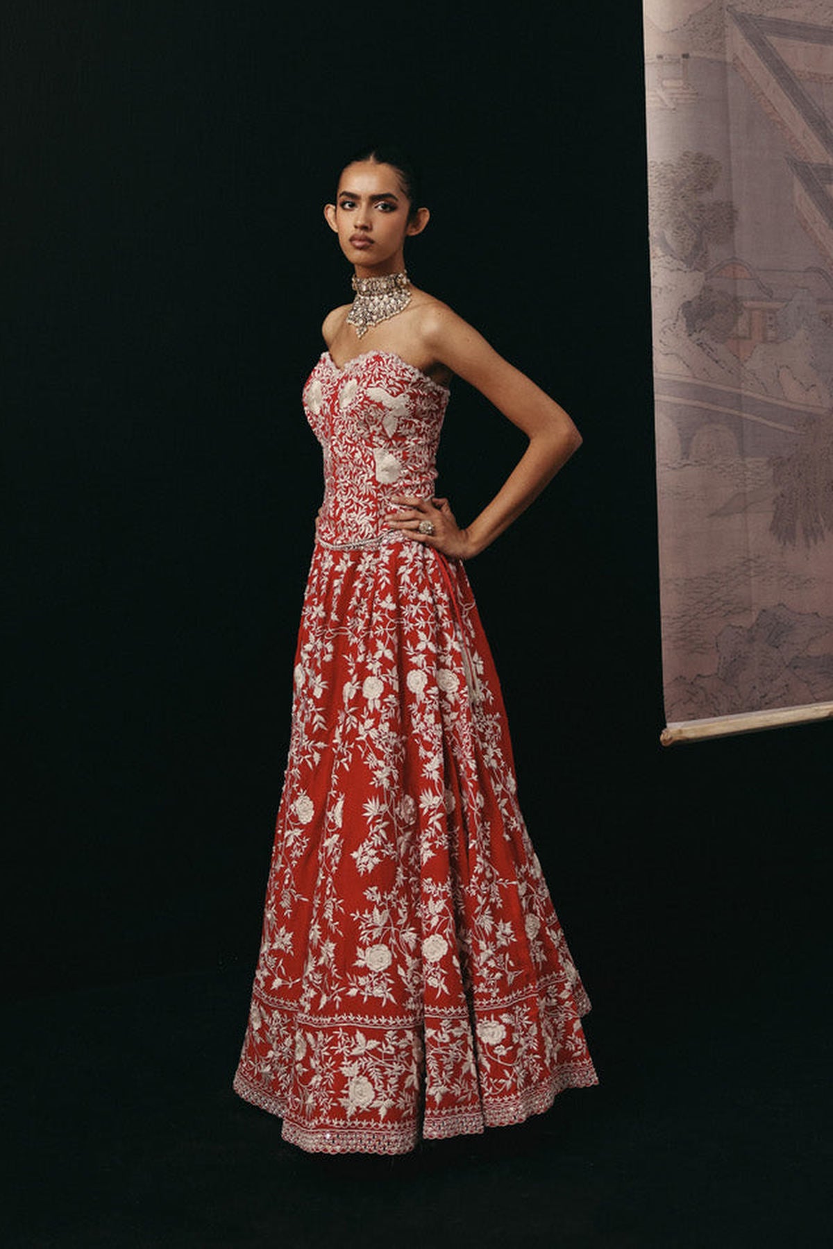 Red Parsi Gaara Lehenga with Cape Jacket and Corset