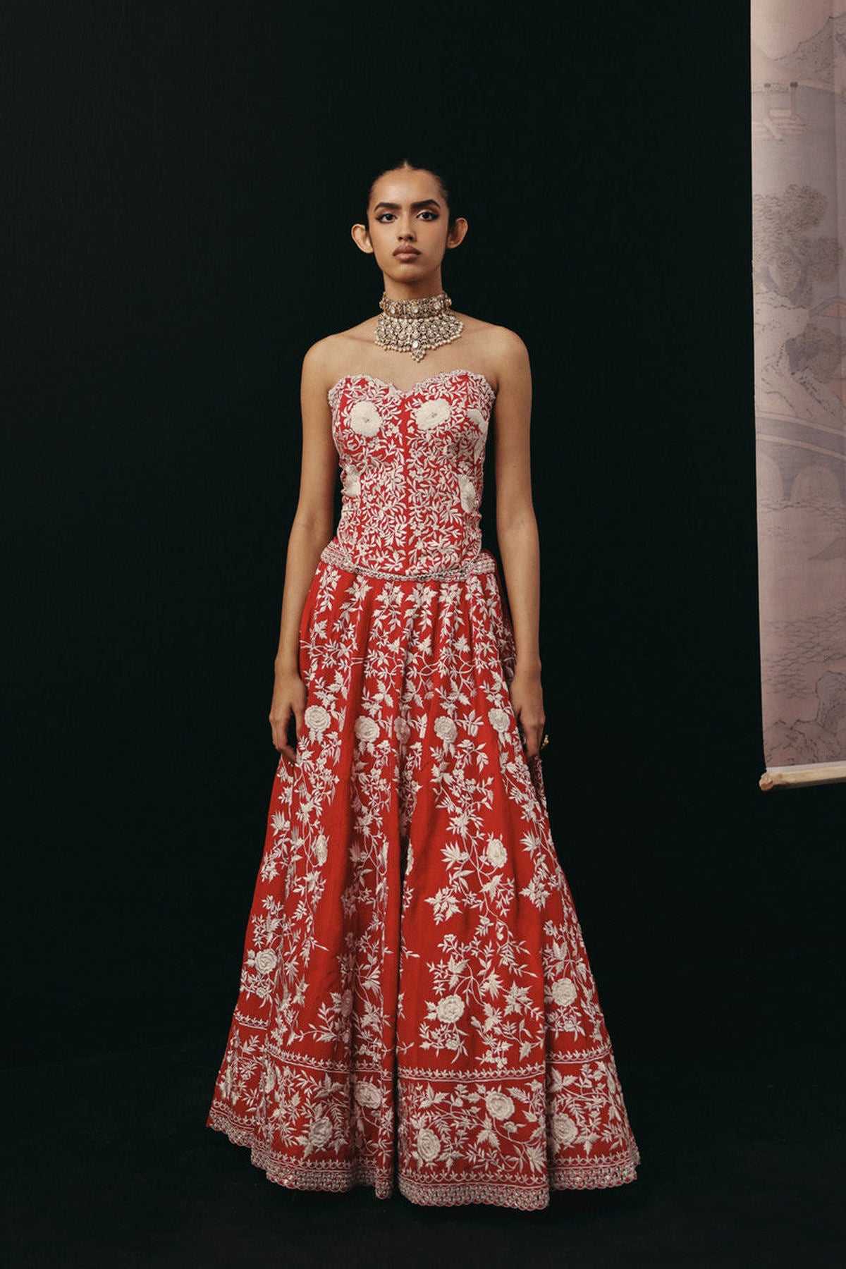 Red Parsi Gaara Lehenga with Cape Jacket and Corset