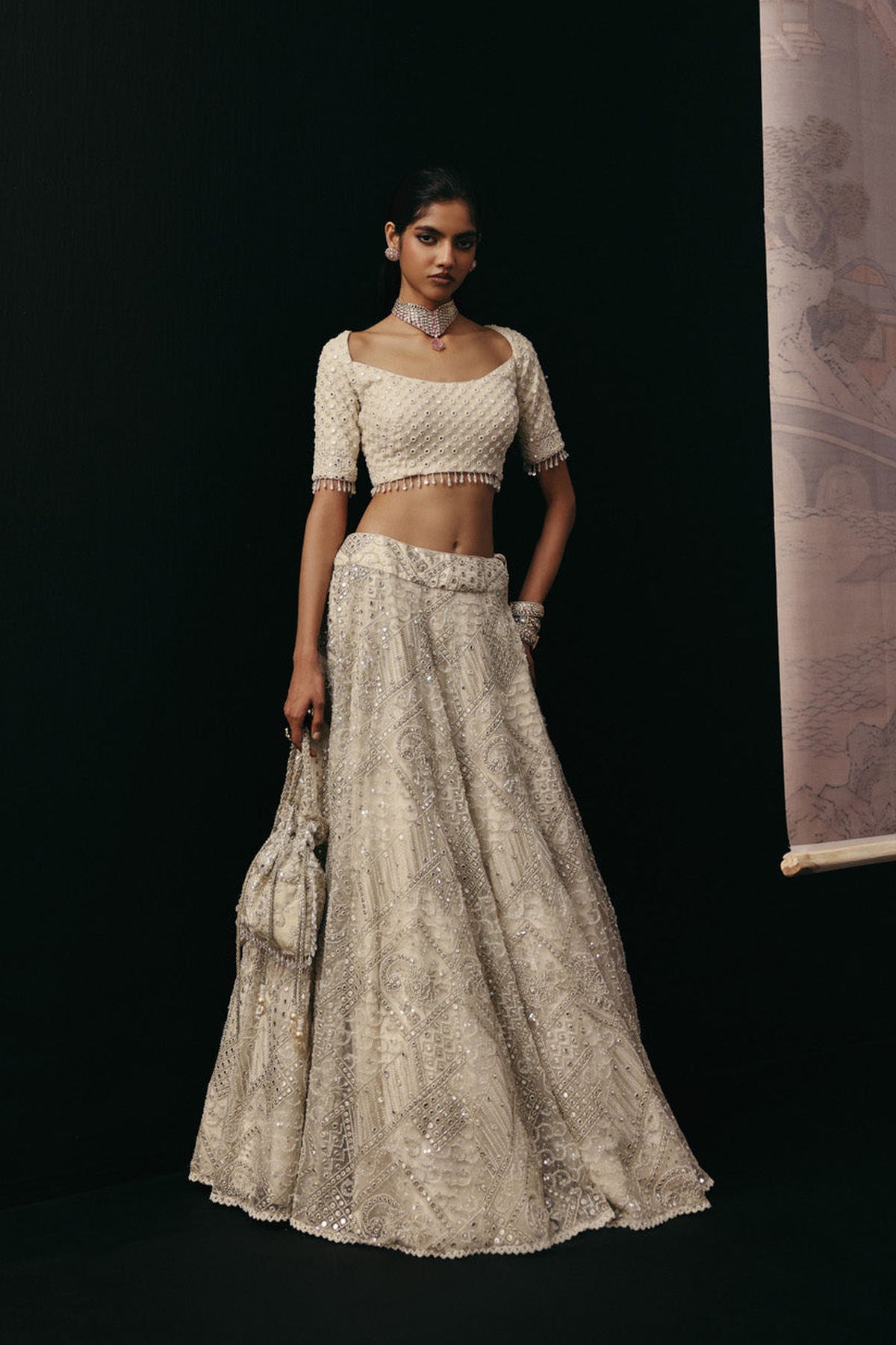 Ivory Mirrorwork Lehenga with Short Sleeves Wide Neck Blouse and Beadwork Dupatta
