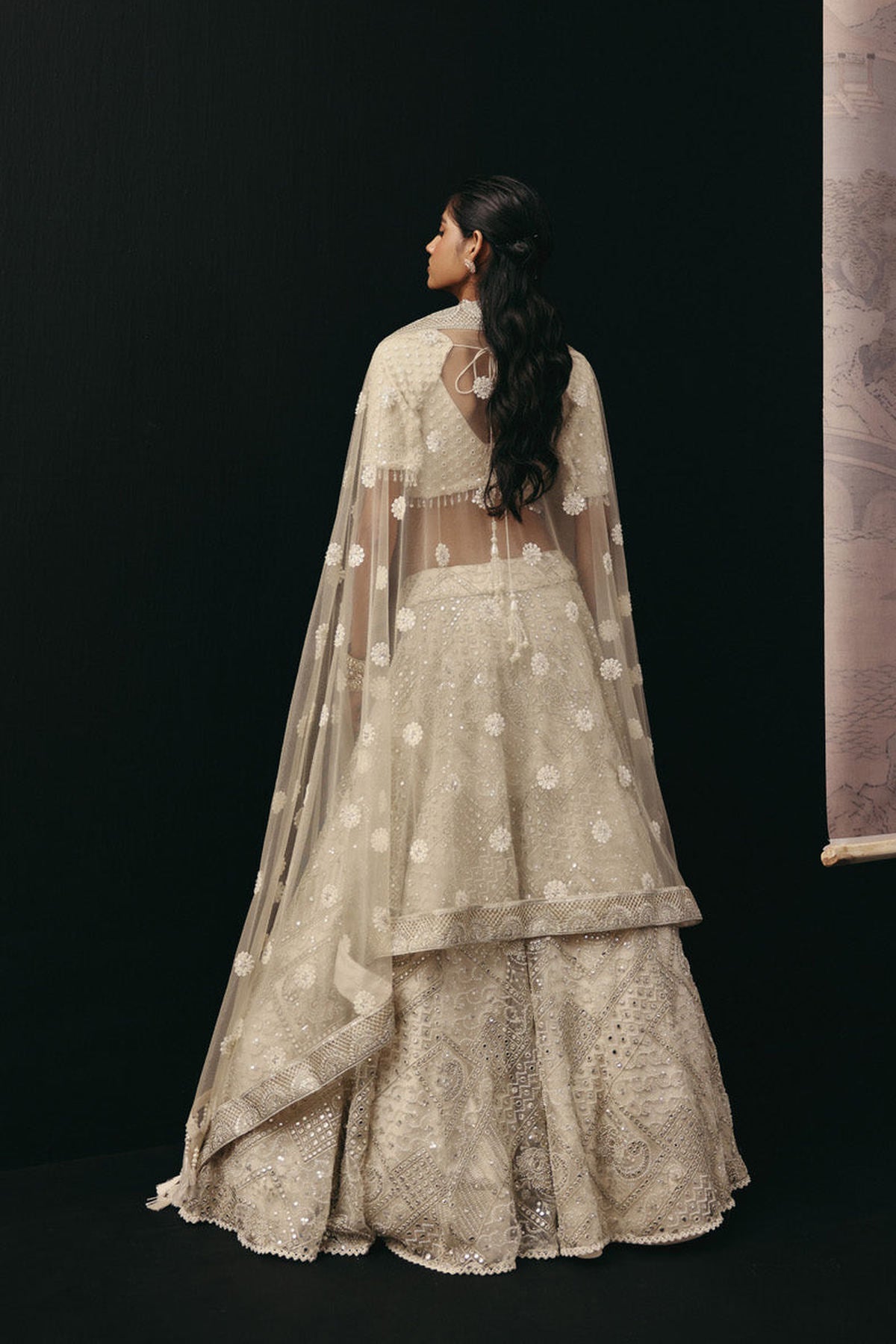Ivory Mirrorwork Lehenga with Short Sleeves Wide Neck Blouse and Beadwork Dupatta